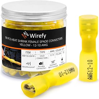 Wirefy Heat Shrink Female Spade Connectors Kit - 90pcs Yellow 12-10 AWG Quick Disconnect Terminals