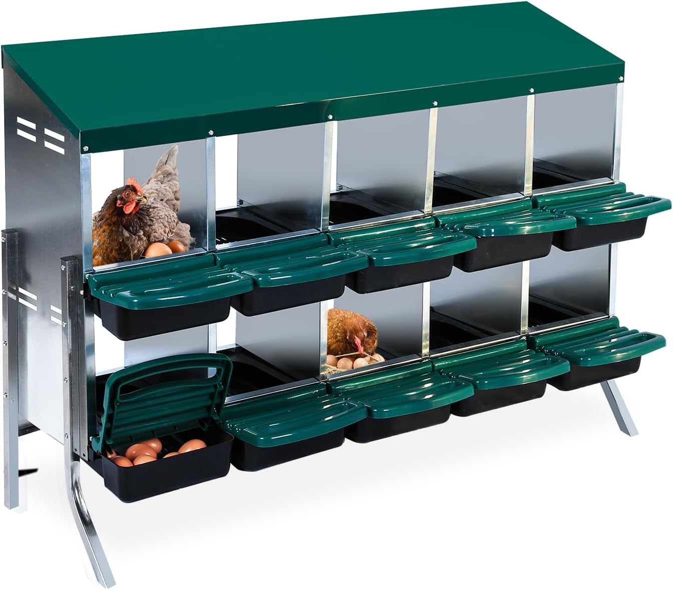 Chicken Nesting Box, 10 Compartment Roll Away Nesting Box for Eggs, Chicken Laying Box with Egg Collection, Cleanable Pull Out Hen Roosting Boxes ﻿