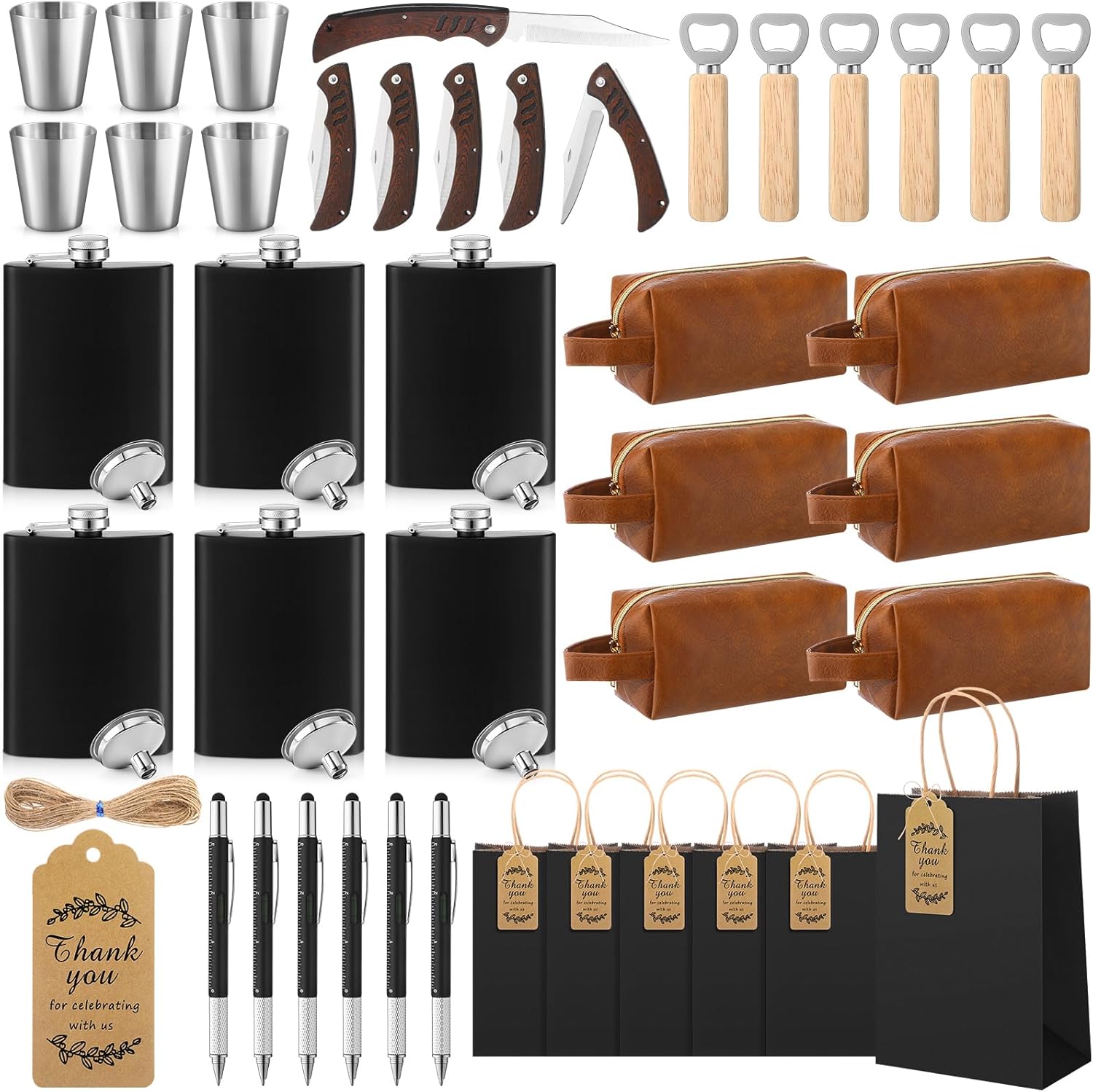 44 Pcs Baby Shower Prizes for Men with Flasks PU Leather Toiletry Bag Multi Tool Pen Bottle Opener Folding Knife Gift Bag Baby Shower Gifts Groom Game Prizes for Winner Bachelor Party