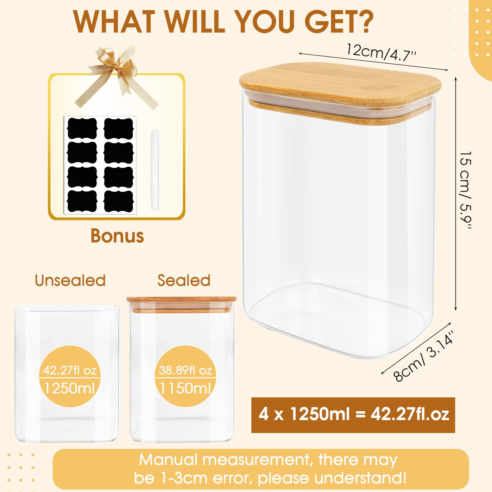 FoiiLiio 1,25 L Rectangle Conteneurs en Verre Lot de 4 Bocaux en Verre Avec Couvercles en Bambou Φ12x8x15cm Bocaux Rangement Cuisine en Verre pour Céréales, Cornflakes, Haricots
