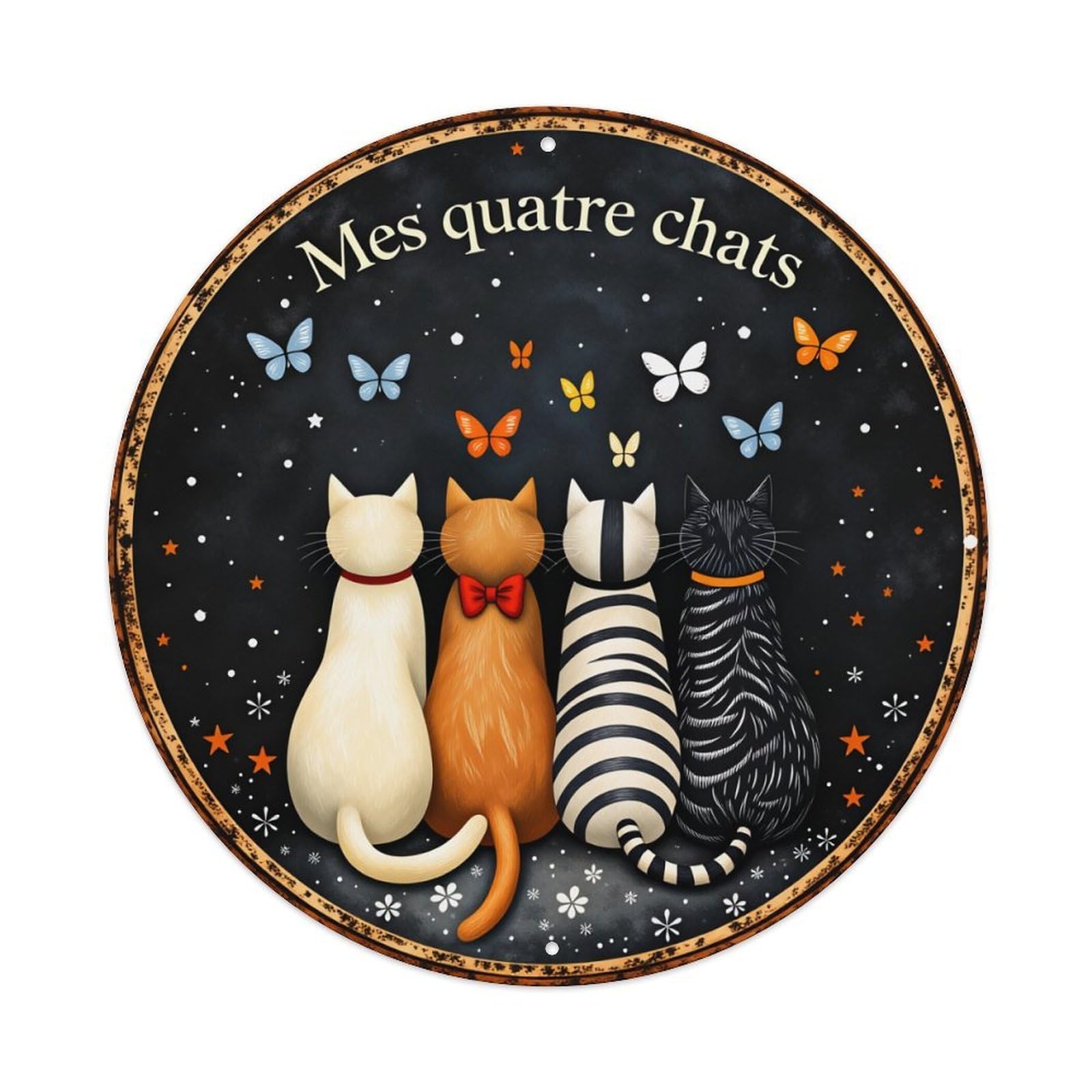 Four Cats Butterflies Stars Night Sky Round Tin Sign Vintage Style Metal Sign Home Bar Garden Wall Plaque Decor Metal Poster 8x8 Inch