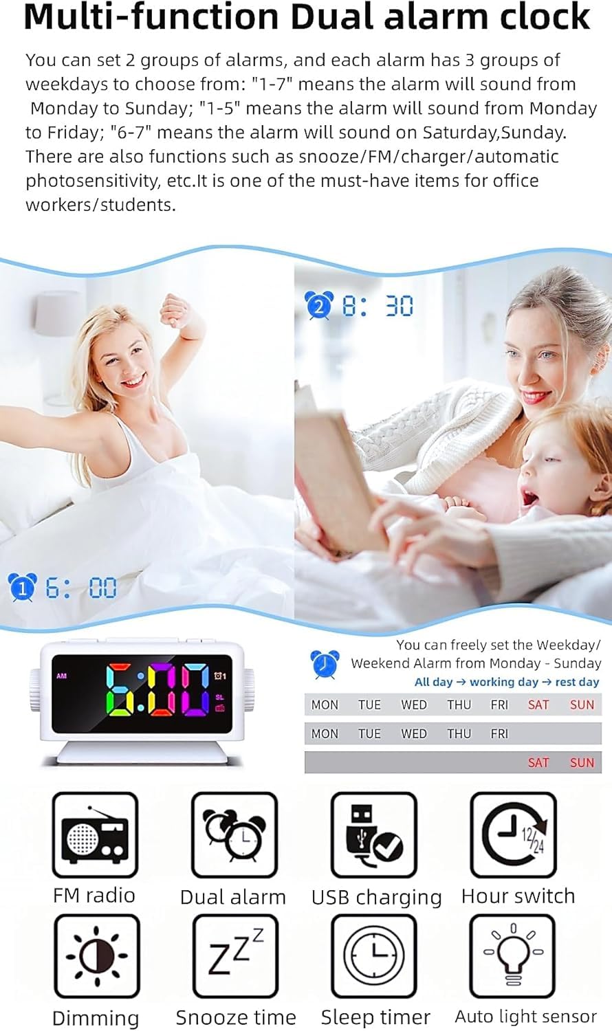 RGB Sveglia colorata Calendario perpetuo Radio FM Orologio elettronico Funzione snooze Allarmi multipli Regolazione automatica della luminosità Uscita di alimentazione USB (Black1)