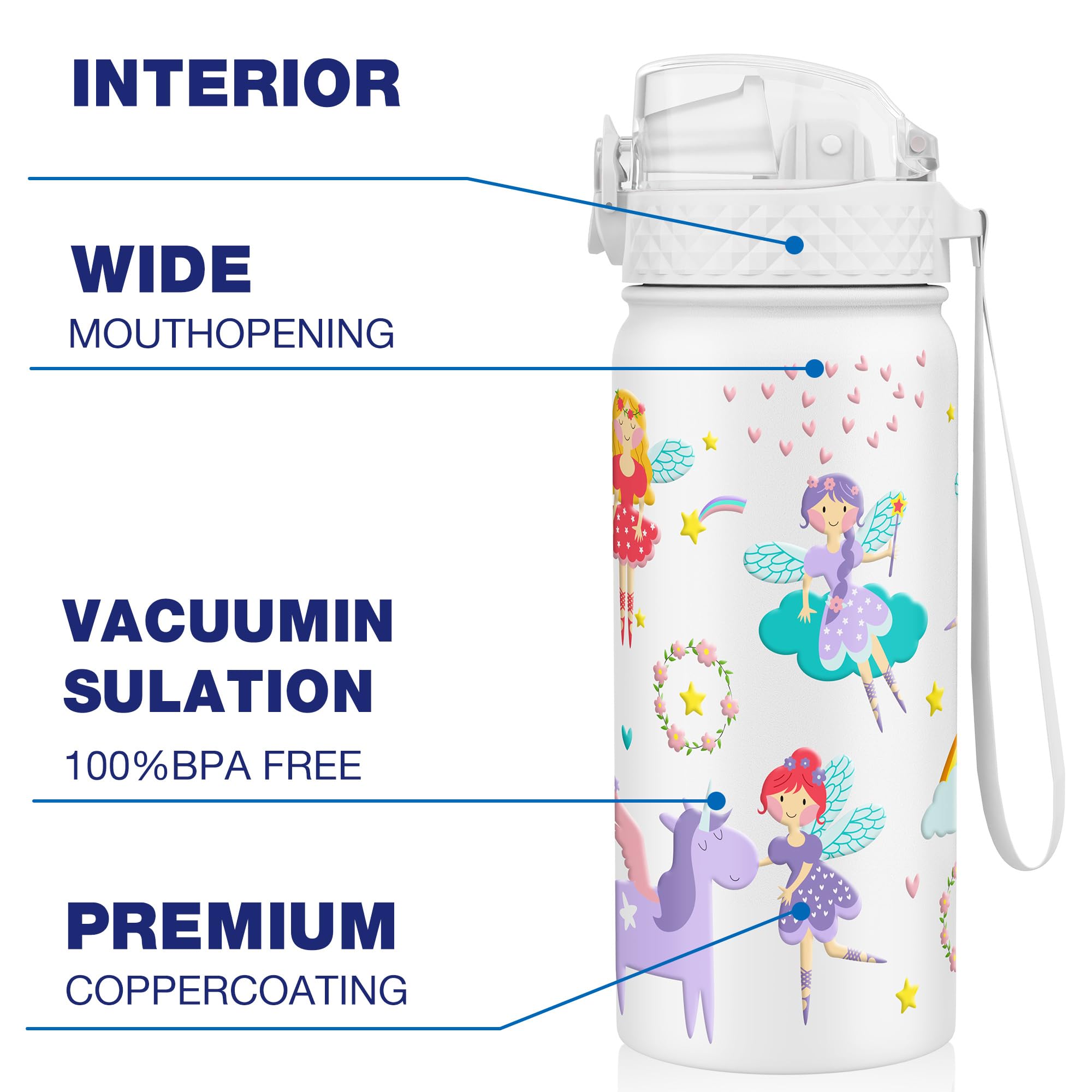 GOPPUS 550ml/18oz Kids Insulated Water Bottle with Straw Cute Double Wall Stainless Steel Child's Small Flask Vacuum Insulated Steel Metal Leak Proof Drink Flask Boys Toddler Girls Bottles BPA-Free - Image 4