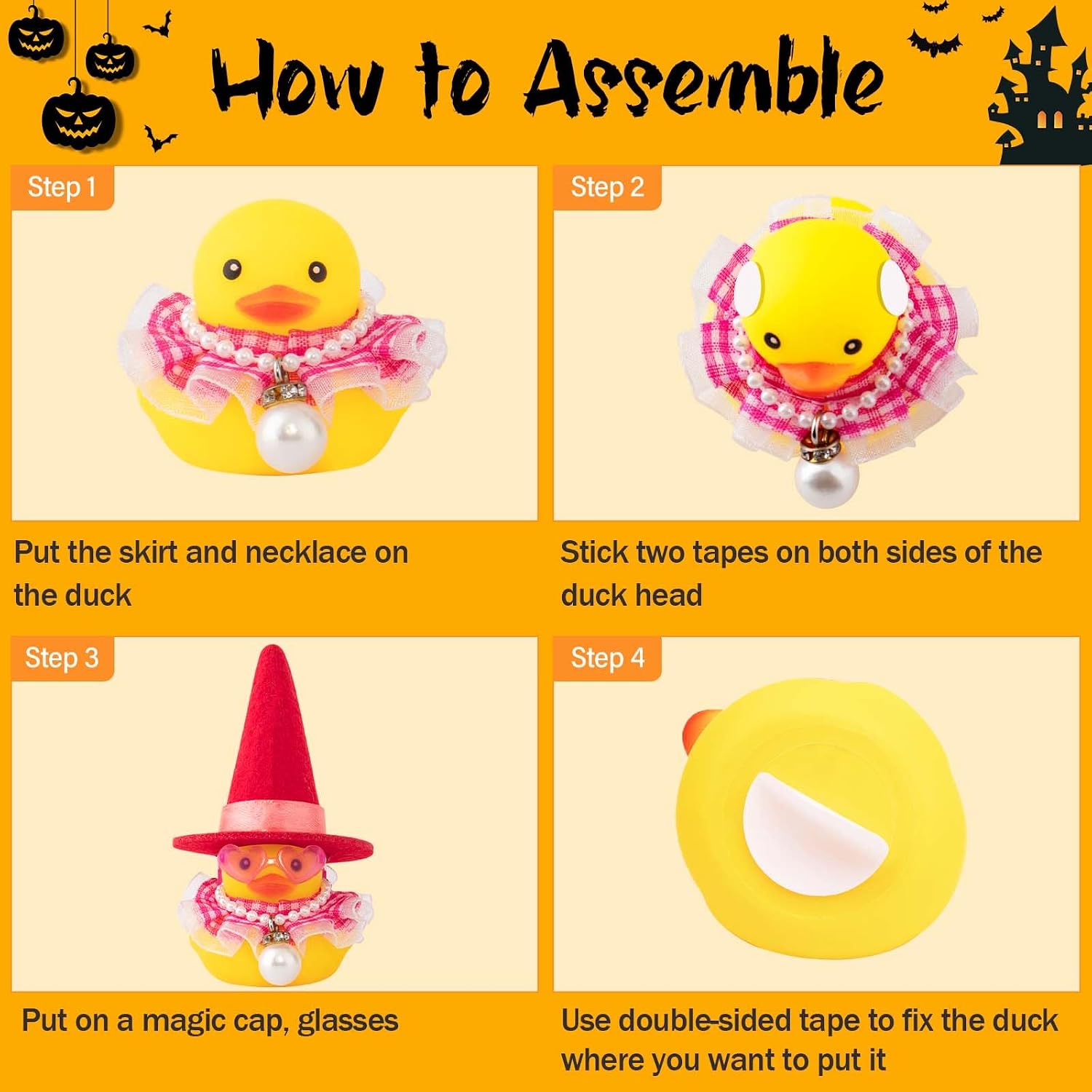 wonuu Car Rubber Duck Ornaments Halloween Duck Dashboard Decorations Halloween Decorations Indoor with Mini Witch Hat Heart Shape Sunglasses Pearl Pendant Chain, Pink Gilt Skirt