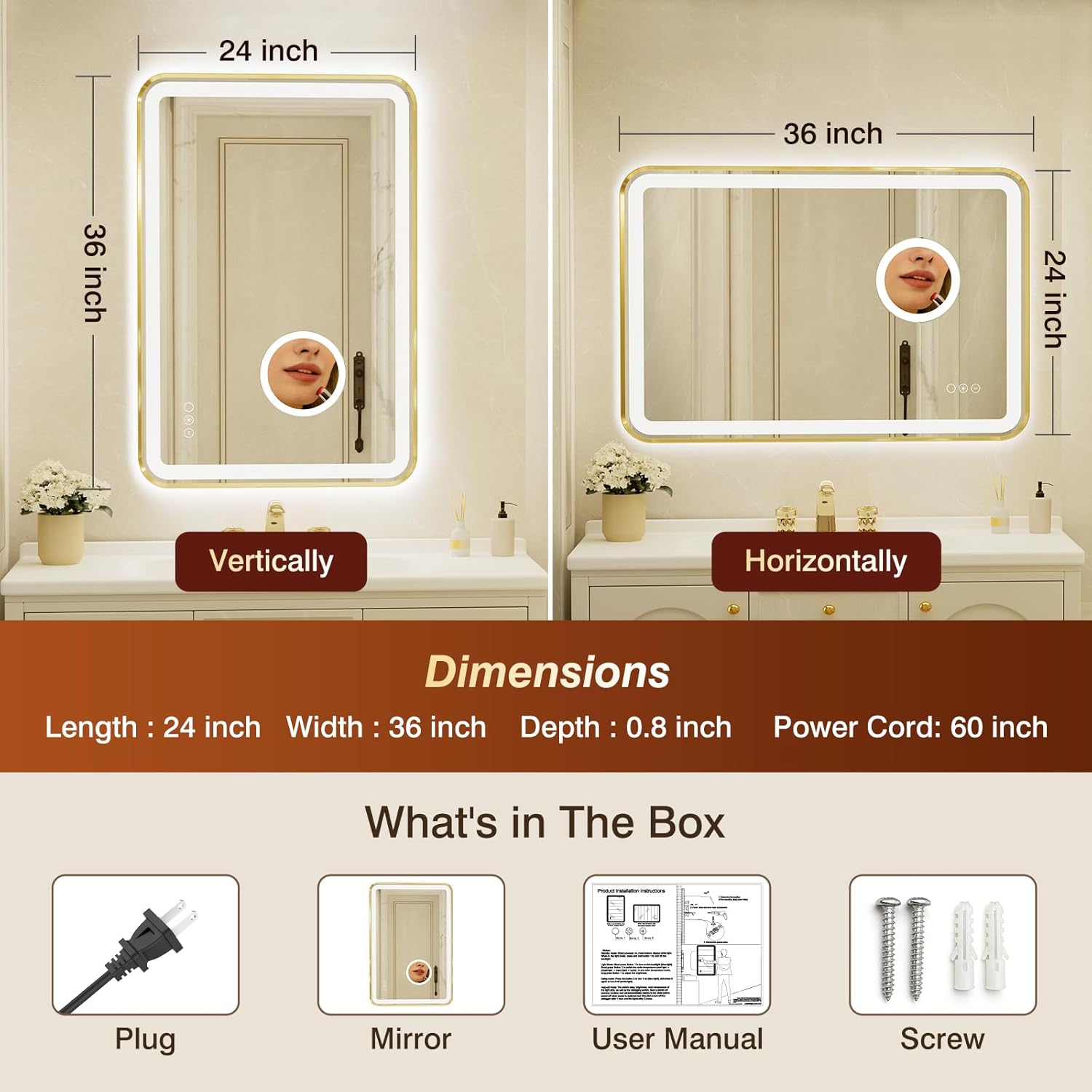 24x36 Inch Gold Framed LED Bathroom Mirror with Lights,Magnifying Tempered Glass,Dimmable Lighted Bathroom Vanity Mirror with 3 Colors, Backlit + Frontlit, Anti-Fog