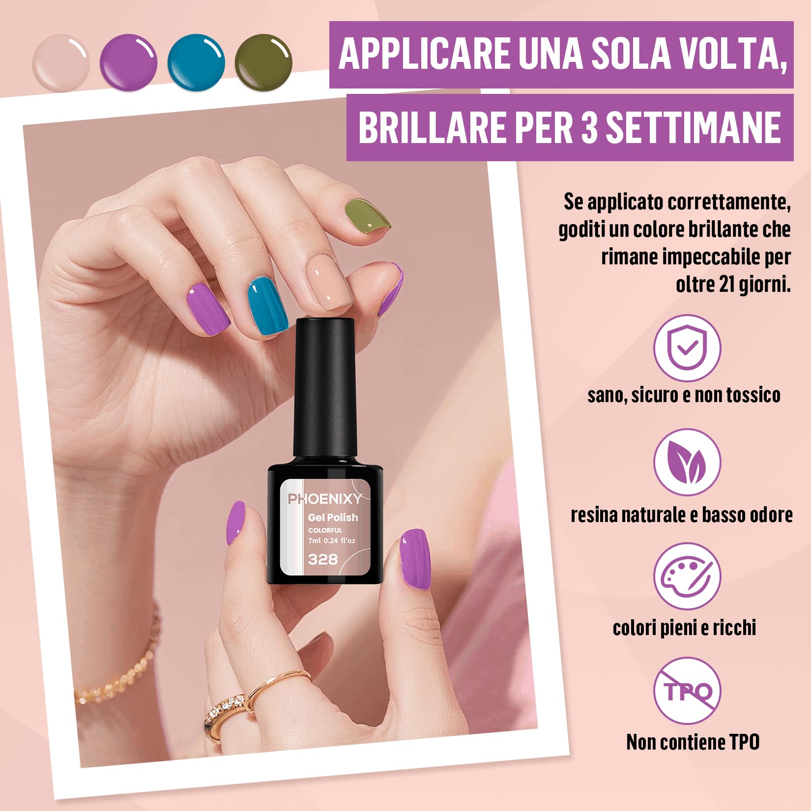 Phoenixy Kit Unghie Gel Completo 25 Colori Kit Semipermanente Unghie con Base Top Coat Semipermanente Unghie U V/LED Lampada Regali Perfetti Rosa Rosso Blu Viola
