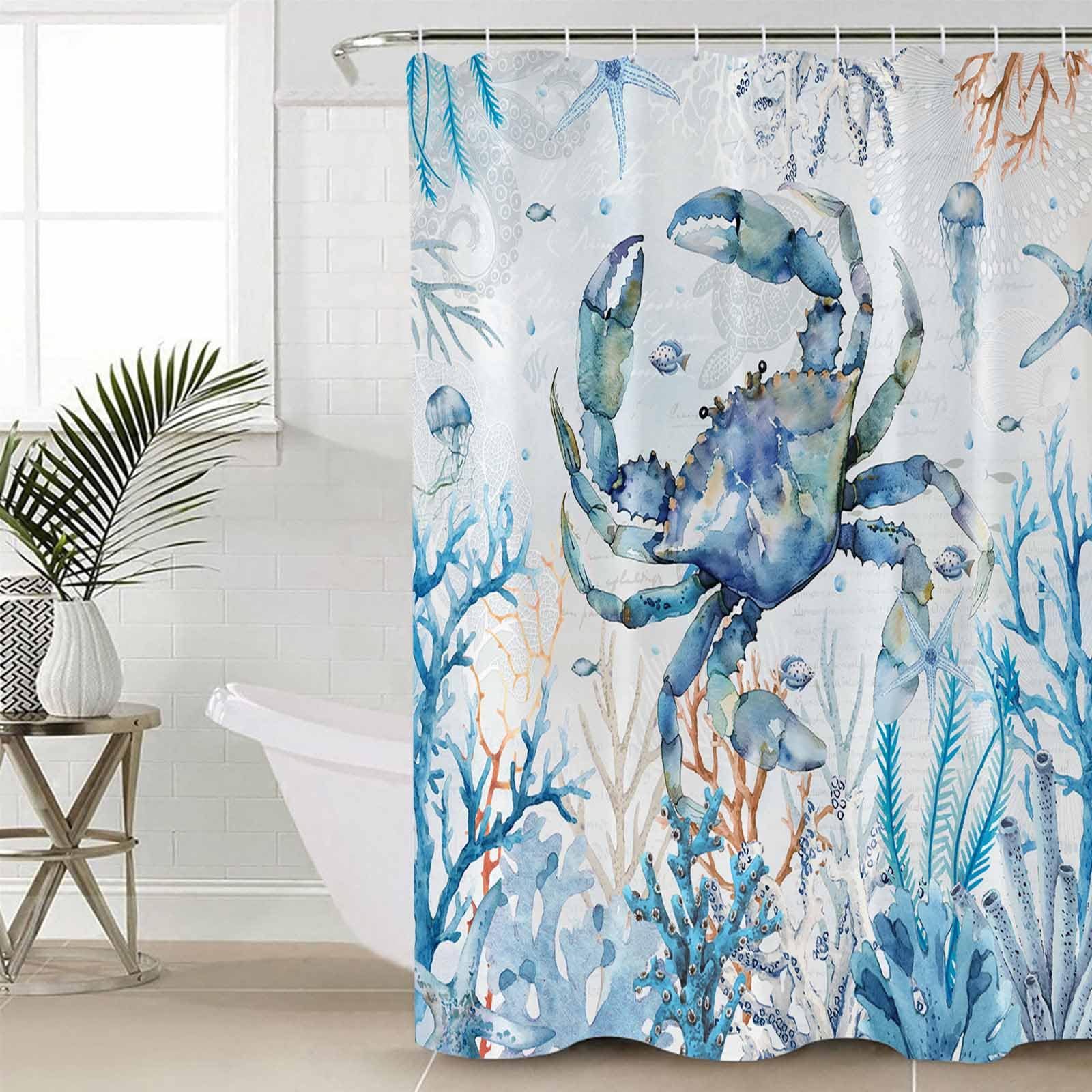 Anzona Blue Crab Coastal Waterproof Shower Curtains Set - Standard 60 x 72 Inch, Ocean Life Nautical Coral Polyester Fabric Bathroom Curtain with 12