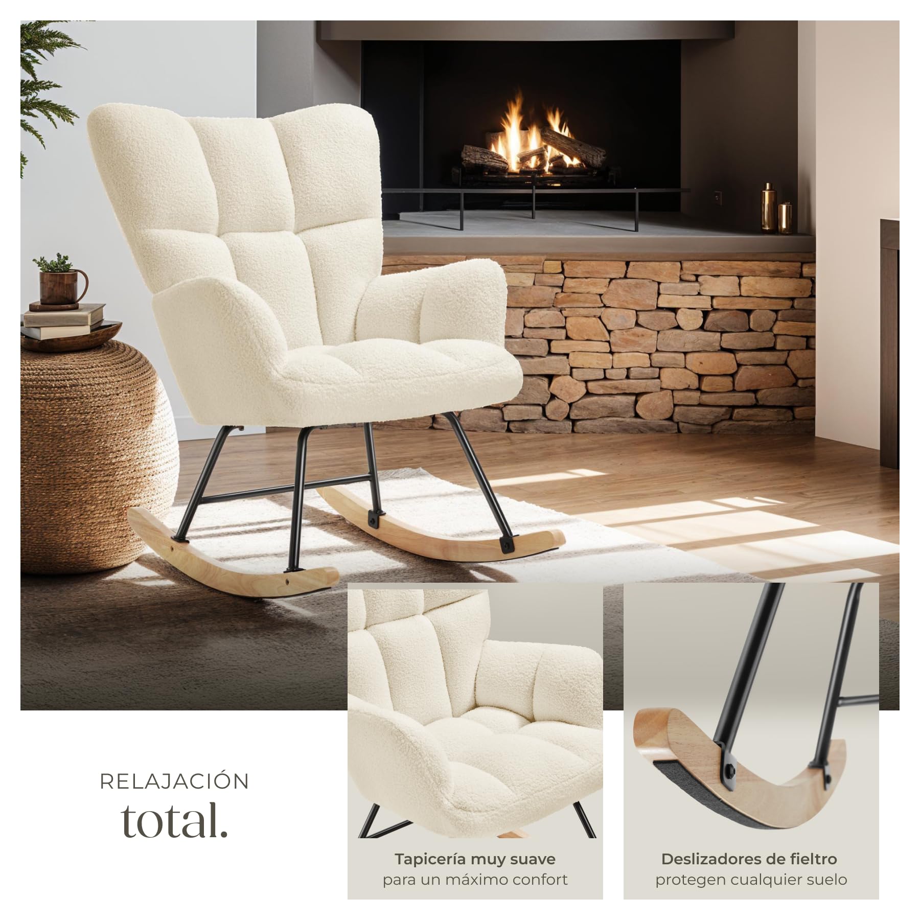 tectake® Mecedora Tapizada, Silla Mecedora, Butaca de Salón con Estructura en Acero y Patines de Madera, Silla Lectura, Sillón Lactancia, Sillón Nórdico Dormitorio, Butaca Relax - Beige