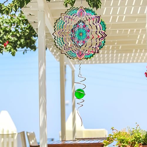 Miniatura 3 de Goolyrusim - Molinillo de viento con mandala, jazmín, de acero inoxidable cortado con láser, esculturas de viento colgantes en 3D para decoración de