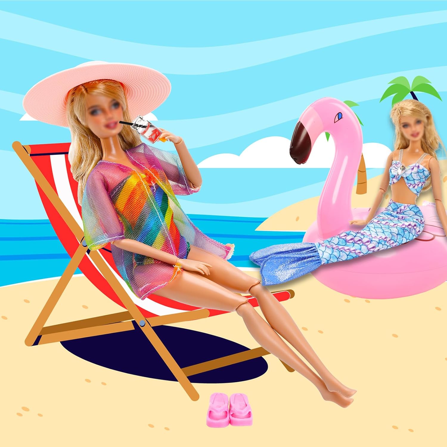 20 Packs Doll Clothing Accessories Set for 11.5 Inch Girl Dolls - Includes 5 Bikini Swimwear Beach Bathing Suits, Coat, Mermaid Dress, 5 Shoes, 3 Slippers, Swimming Pool Floaties, Drinks & Sunglasses