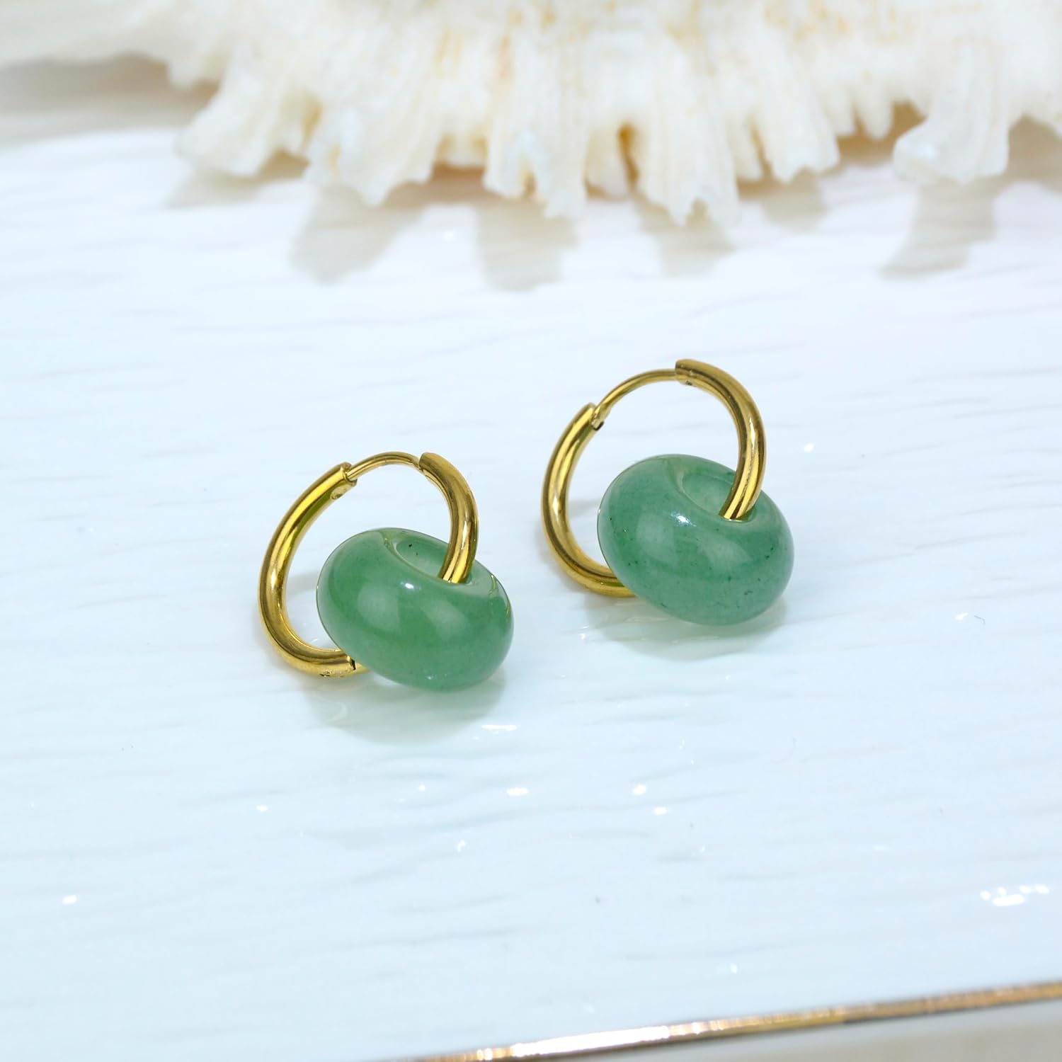 Rose Quartz Earrings, Natural Gemstone Donut Shape Dangle Earring Rose Quartz Jewelry, Stainless Steel Gold Plated Huggie Hoop Earring for Women - Image 4