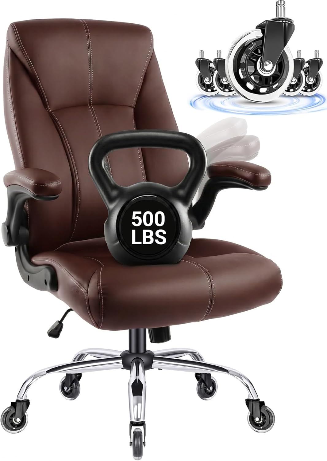 Big and Tall Office Chair for Heavy People, 500LBS High Back Extra Wide Executive PU Leather Office Chair with Flip-Up Armrests, Quiet Rubber Wheels, Comfortable Home Office Desk Chair(Brown)