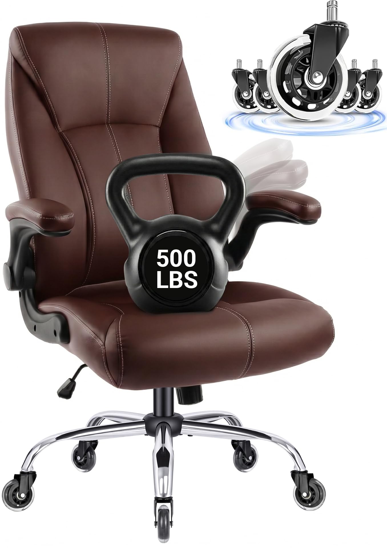 FAMSINGO Big and Tall Office Chair for Heavy People, 500LBS High Back Extra Wide Executive PU Leather Office Chair with Flip-Up Armrests, Quiet Rubber