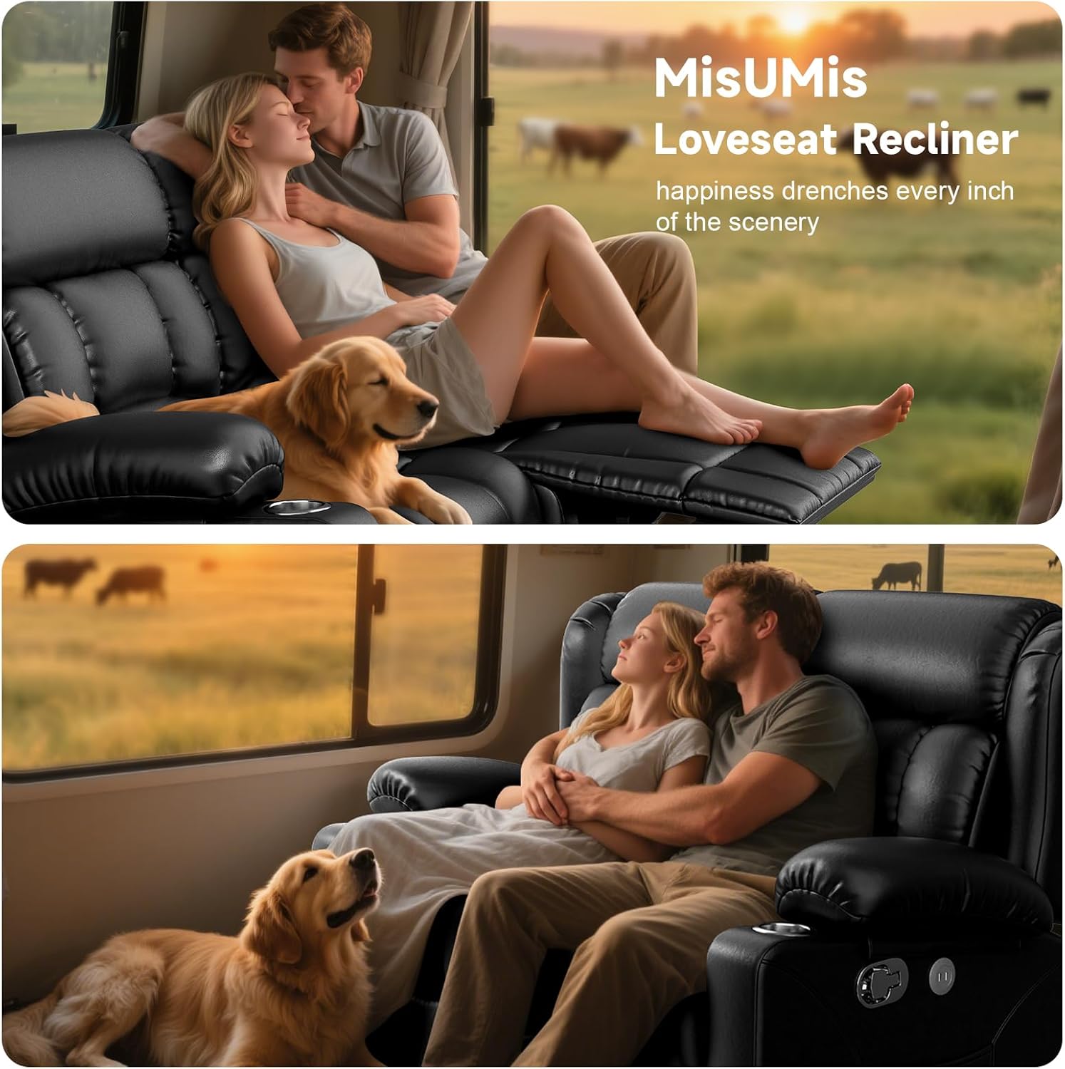 RV Loveseat Recliner Sofa, Wall Hugger Reclining Loveseat RV Couch with USB Ports, Large Pockets, Cup Holders, 150° Adjustable RV Recliners Furniture for Travel Trailers & Home Theater Seating