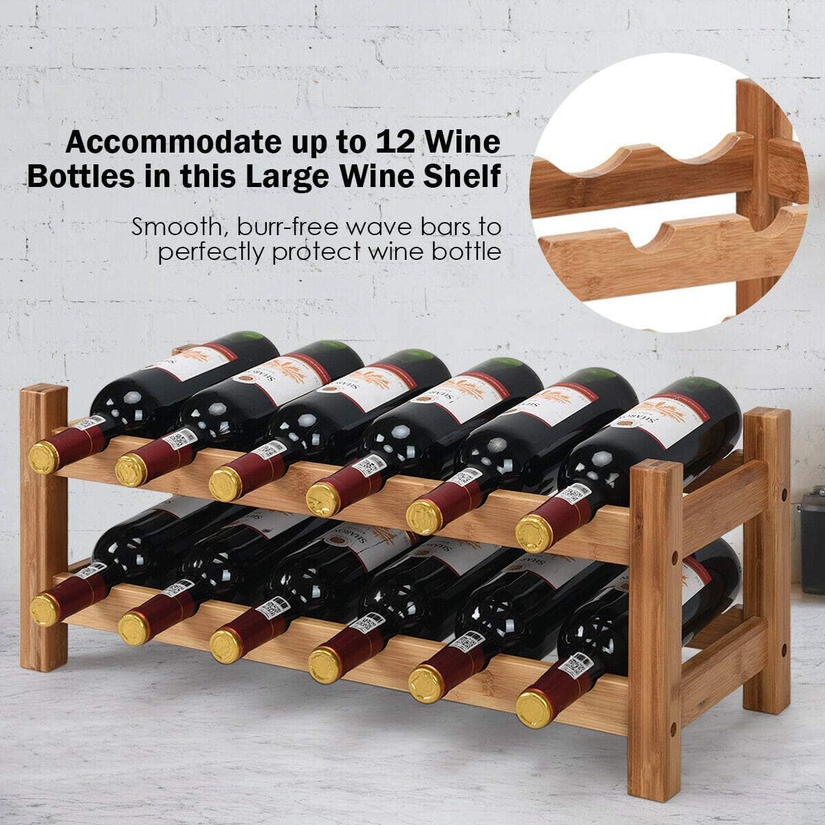 esmen Bamboo Wine Rack Wine Rack 12 Bottles 2-Tier Wine Display Rack Multi-Layer Wine Cabinet Free Standing Wine Storage Holder for Home Kitchen Bar Wine Storage Cabinet Shelf