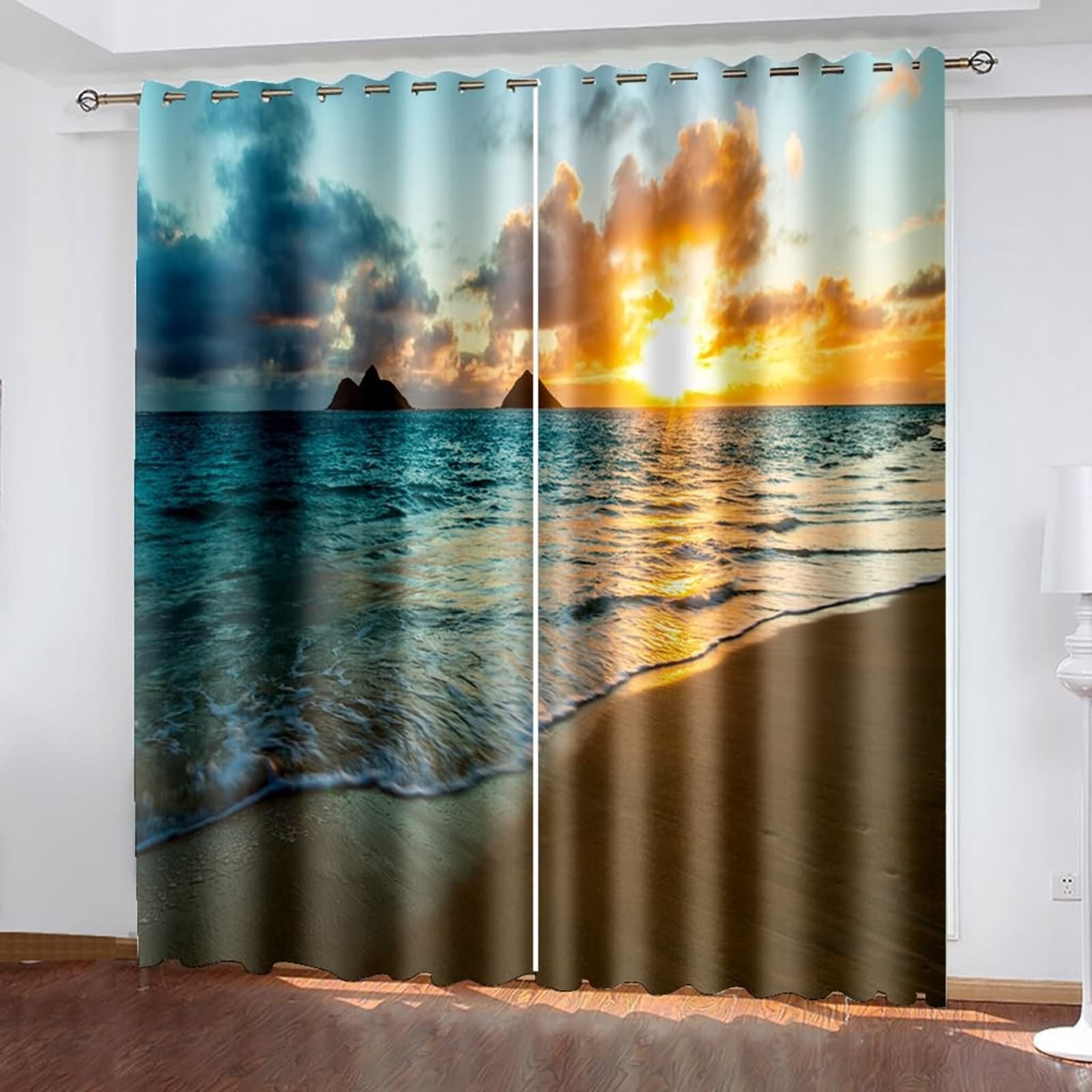 Gardinen Verdunklung 229 cm Lang, Abdunkelnde Vorhänge mit Ösen 2er Set Blau Grün Braun Sonnenuntergang Strand Landschaft Vorhang für Wohnzimmer Schlafzimmer, 86x229 cm(BxH)