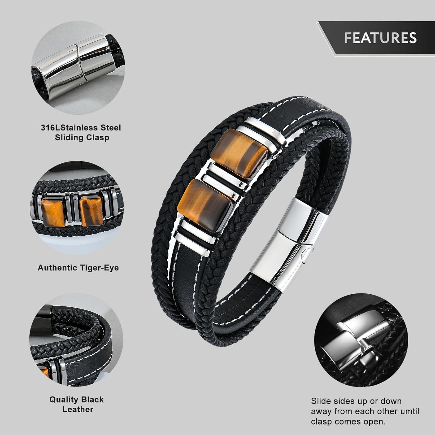 STARCHENIE Multi Strand Bracelet for Men Square Authentic Tiger Eye Black Braided Leather Mens Bracelet and Stainless Steel Buckle - Image 6