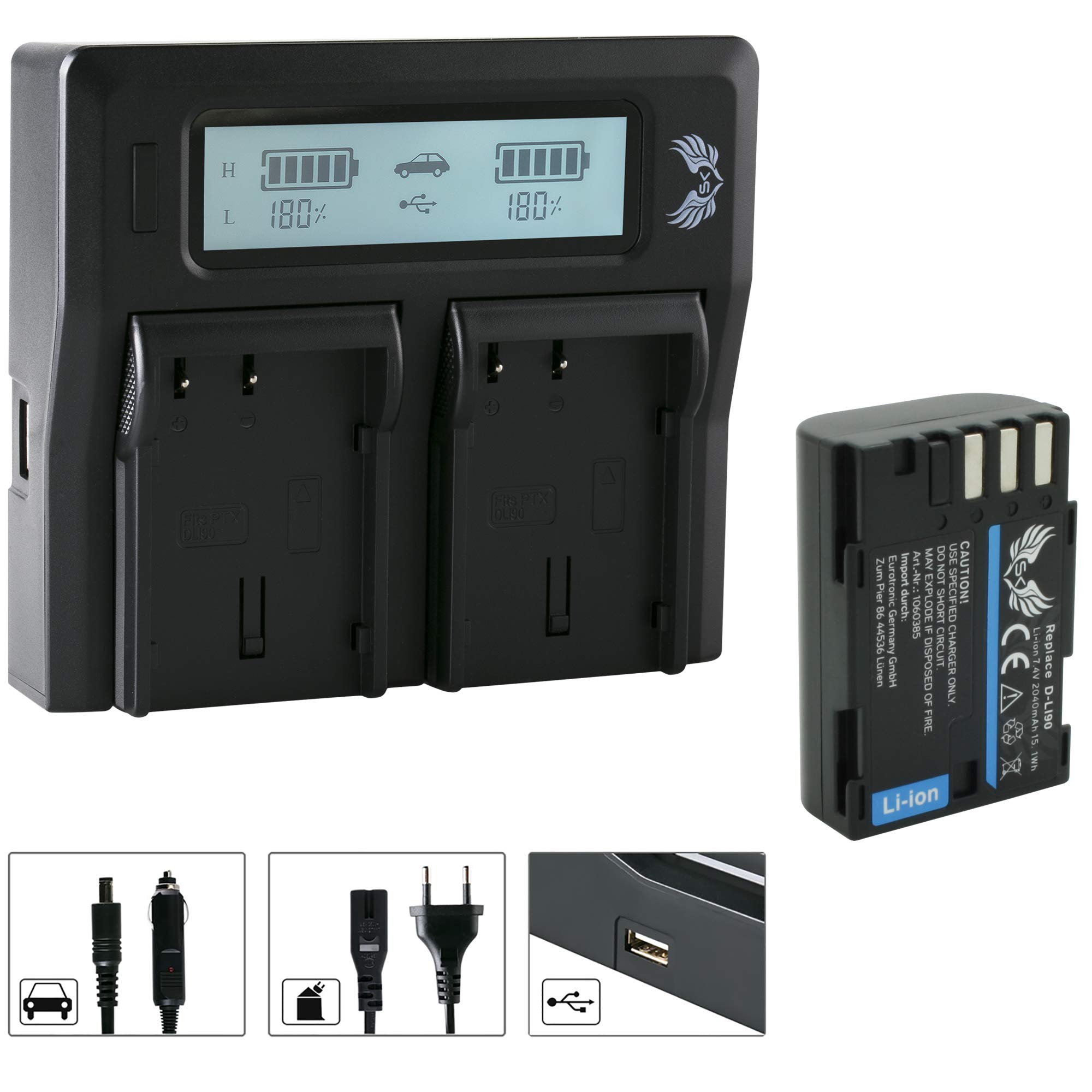 SK Akku Pentax D-Li90 2040mAh + LCD Dual Doppel Ladegerät für Pentax K1 K-1 / K3 K-3 K-3 II / K5 K-5 K-5 II K-5 IIs / K7 K-7 / 645D 645Z