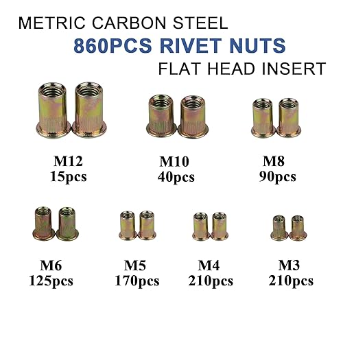 Miniatura 2 de TR TOOLROCK Kit de 500 tuercas remachadoras, SAE UNC Surtido de tuercas remachadoras 6#-32, 8#-32, 10#-24, 14"-20, 516"-18, 38"-16, 12"-13, acabado
