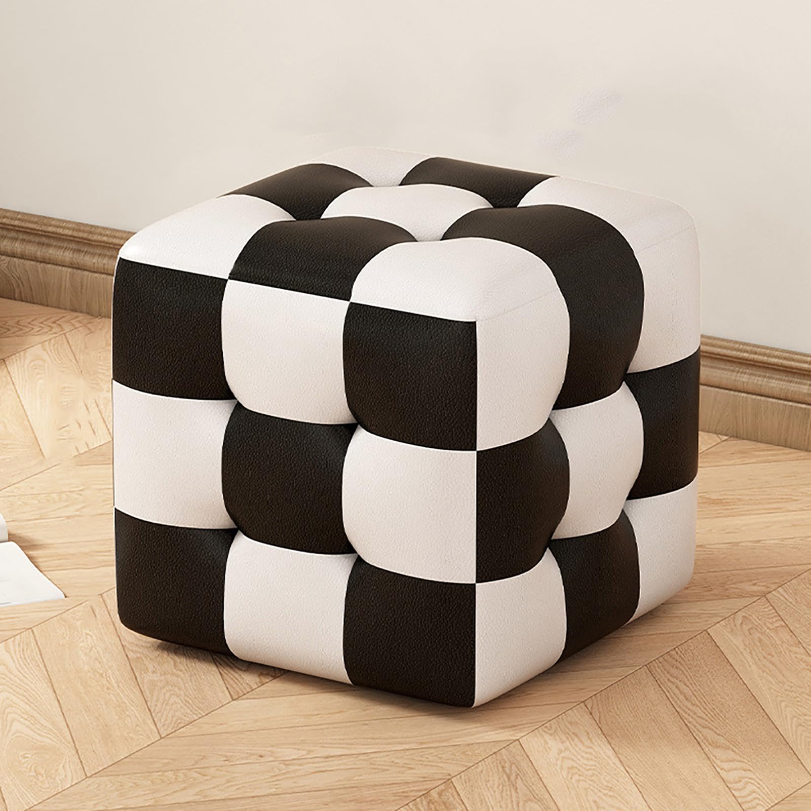 Pouf cube moderne en cuir damier 45cm ottoman de salon