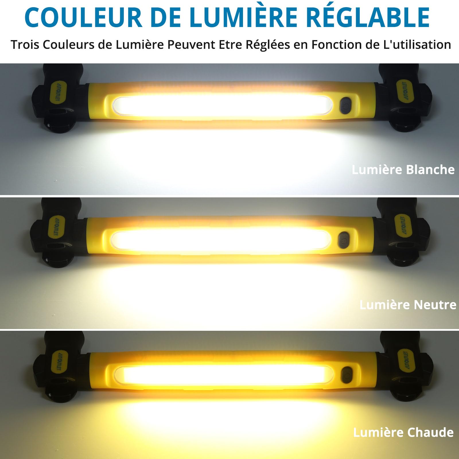 AUTOUTLET Lampe de travail LED rechargeable 6000 mAh véritable 3000 lm lampe d'atelier avec aimant crochet 360° 3 modes rotation 180° pour camping, garage, atelier