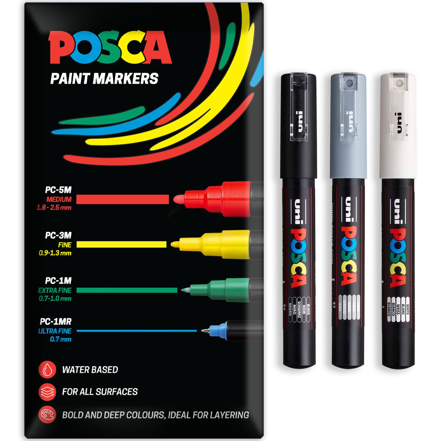 Posca Water Based Acrylic Paint Marker Pens | Multi Surface Use Permanent Paint Pen | Pack of 3 Pens in Envelope Gift Packaging | Glass, Fabric, Canvas, Wood etc | PC-1M, Black, Grey, White