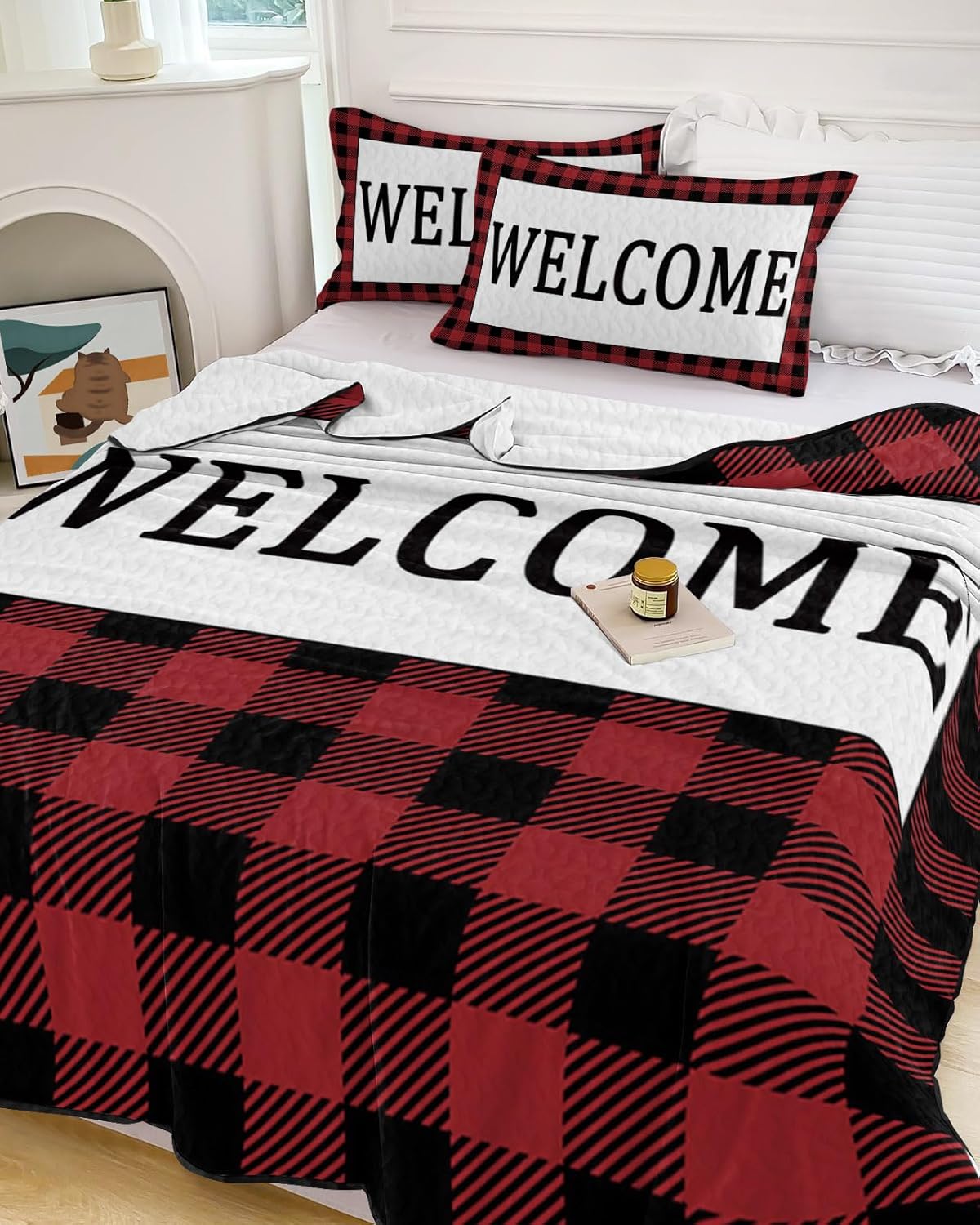King Size Quilt Set, Minimalist Welcome Text Lightweight Bedspread Coverlet Set Soft Microfiber Summer Quilt with 2 Pillow Shams, Red Black Buffalo Check 3 Piece Comforter Bedding Set