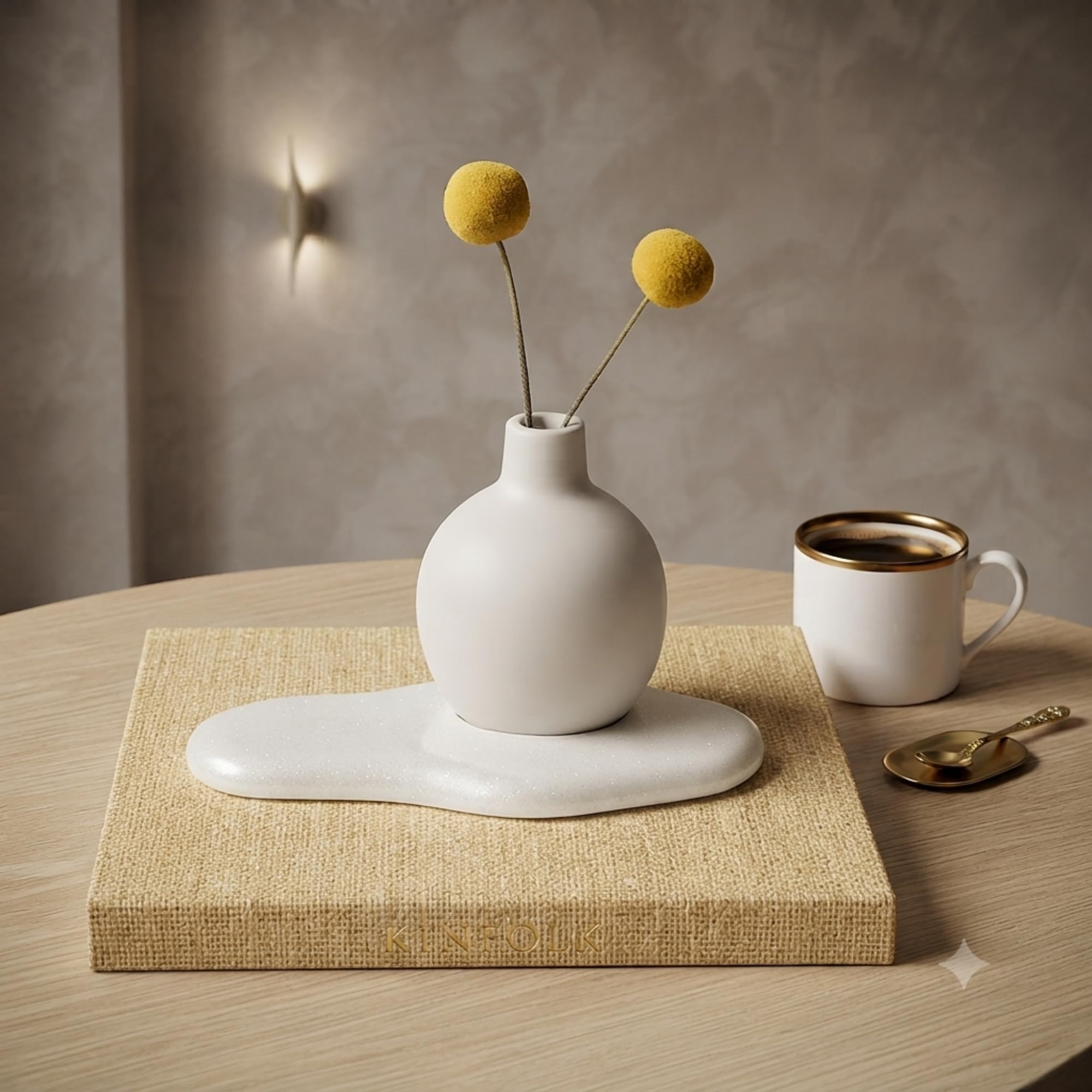 THE GREY BLEND® Concrete Round Bud Vase - Small Flower Vase for Living Room, Bedroom, Center, Coffee & Dining Table - Centerpiece & Showpiece Ideal for Aesthetic Decor & Home Decoration (White)-image-2