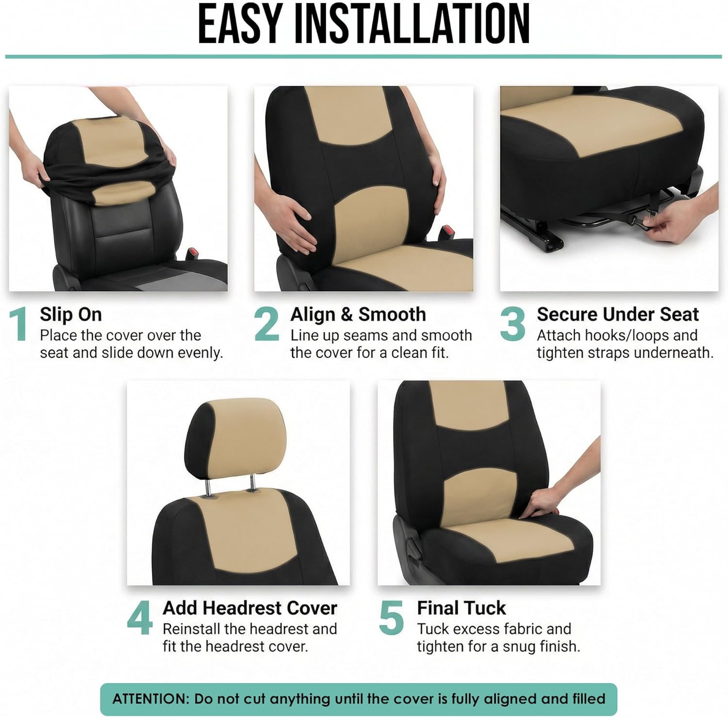 FH Group Flat Cloth Full Set Car Seat Covers Three Row 7 Seater - Universal Fit for Cars, Trucks & SUVs Beige