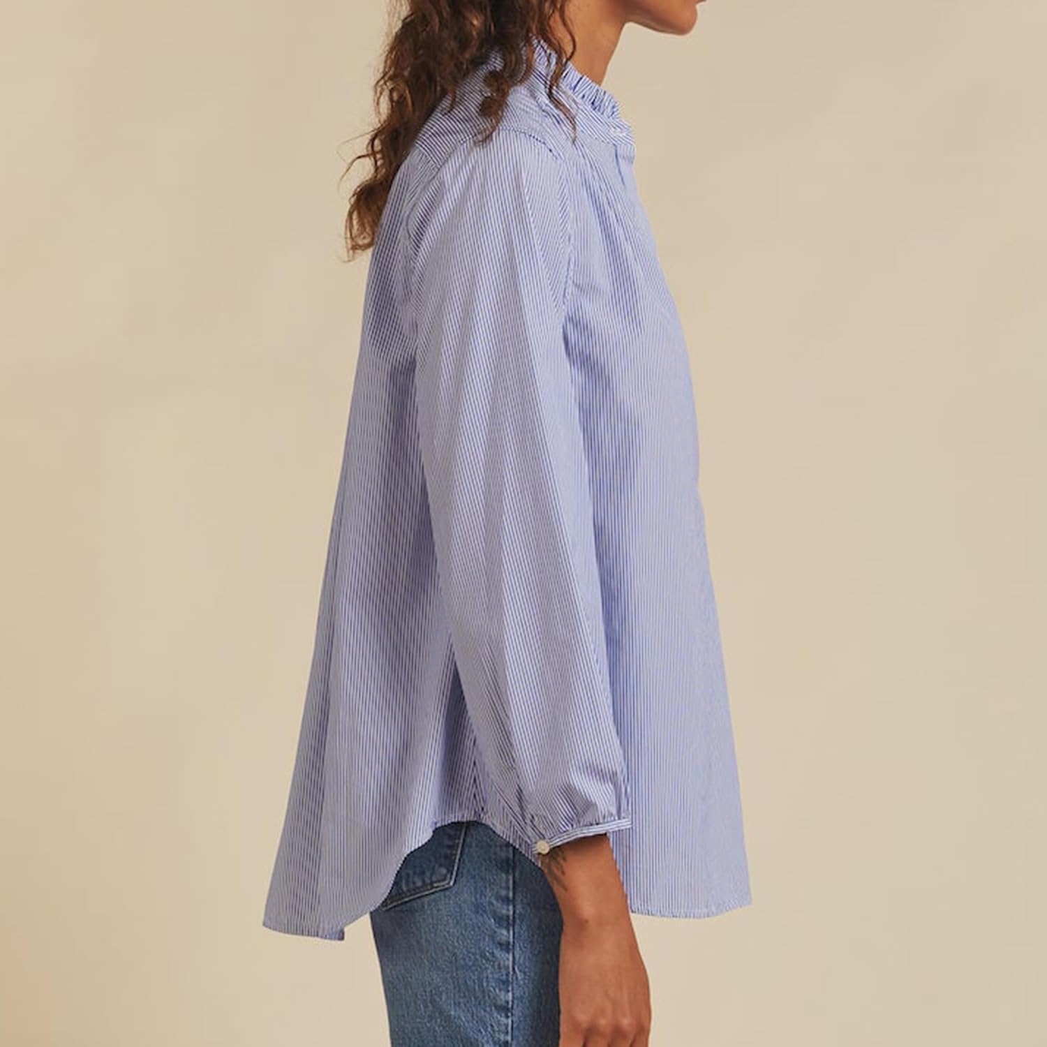 Womens Blue White Stripe Shirt Long Sleeve Standup Ruffle Collar Blouse Dressy Business Casual Tops - Image 2