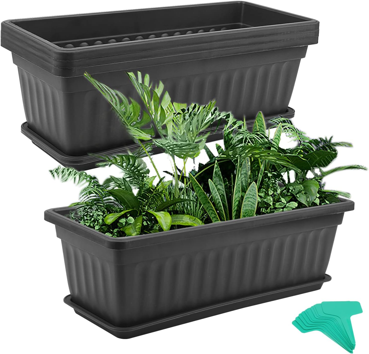 MUKCHAP 4 PCS 43cm/17 Inch Black Plastic Window Box Planter, Rectangular Window Flower Plant Box with Trays and Plant Labels, Rectangular Windowsill Planter for Vegetables