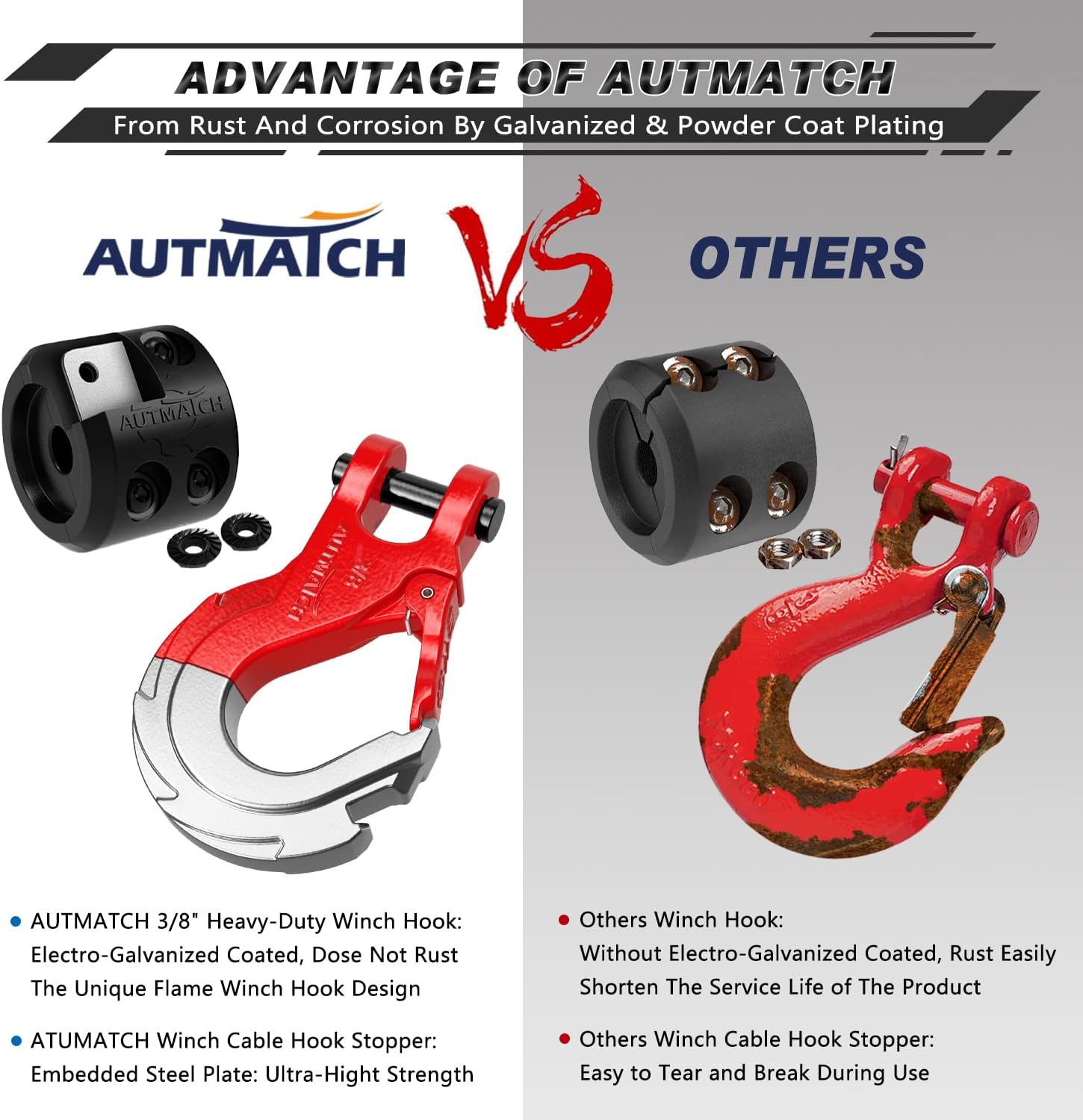 AUTMATCH Winch Hook 3/8" - Clevis Slip Hook with Safety Latch & Winch Cable Hook Stopper, Grade 70 Forged Steel Max 18Ton (39,600Lbs) Work for Winch Rope, ATV, UTV, Off Road Vehicle, Red & Black - Image 9