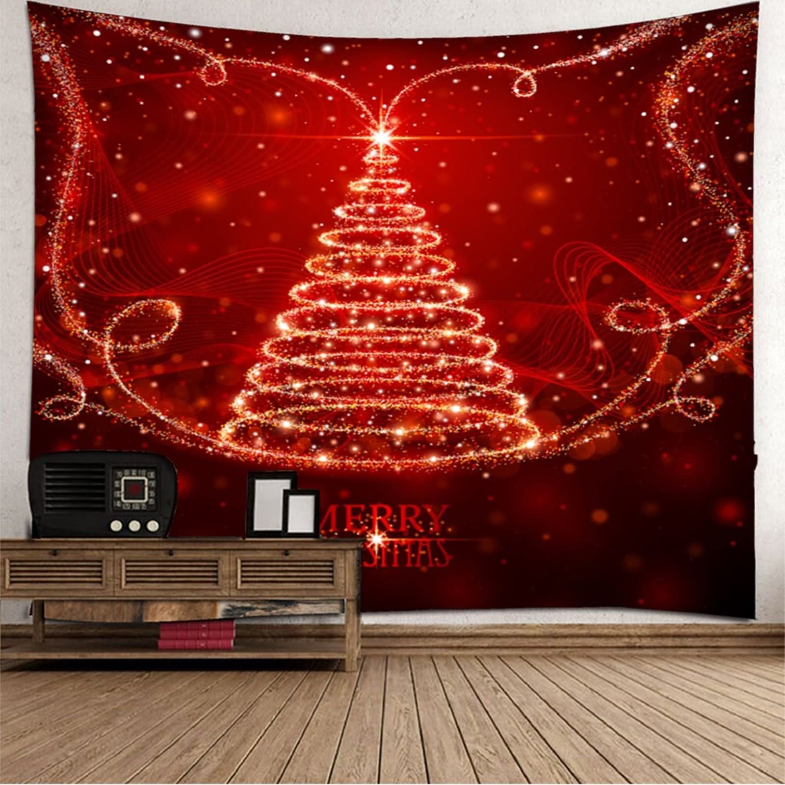 Tapices Vintage, Tapiz Navideño Pared Árbol de Navidad con Luz de Estrellas Rojo Poliéster 350X256cm