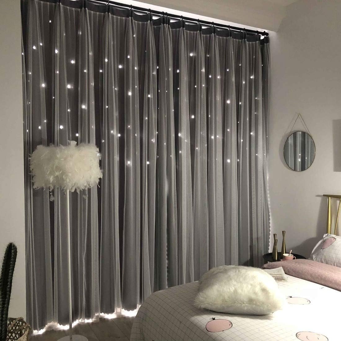 UNISTAR 2 Panels Stars Blackout Curtains for Bedroom Girls Kids Baby Window Curtain Double Layer Star Cut Out Aesthetic Living Room Decor Wall Home Decorations Curtain,W52 x L84 Inches,Grey