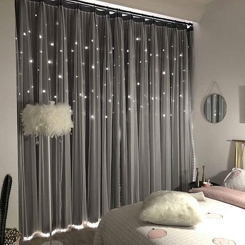 UNISTAR - Cortinas blackout decorativas de doble capa y cortes en estrella para habitación de niñas, bebés, niños, sala, 2 paneles de cortinas para