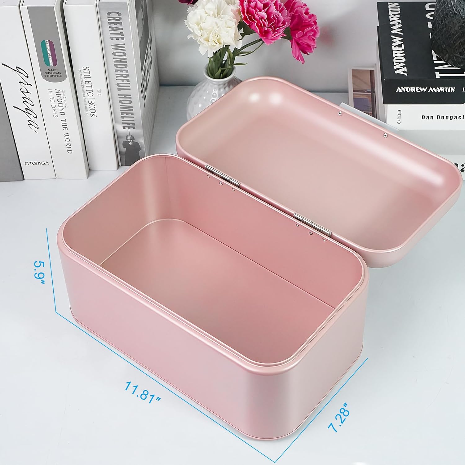 DreamsEden Metal Storage Box with Hinged Lid, Decorative Tin Box Jewelry Keepsake Bread Bin Container for Home Kitchen Counter (Pink)
