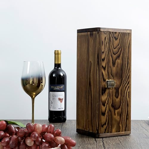 Miniatura 2 de MyGift Soporte para botella de vino individual de madera maciza marrón oscuro rústico quemado, caja de regalo decorativa con cierre de pestillo de