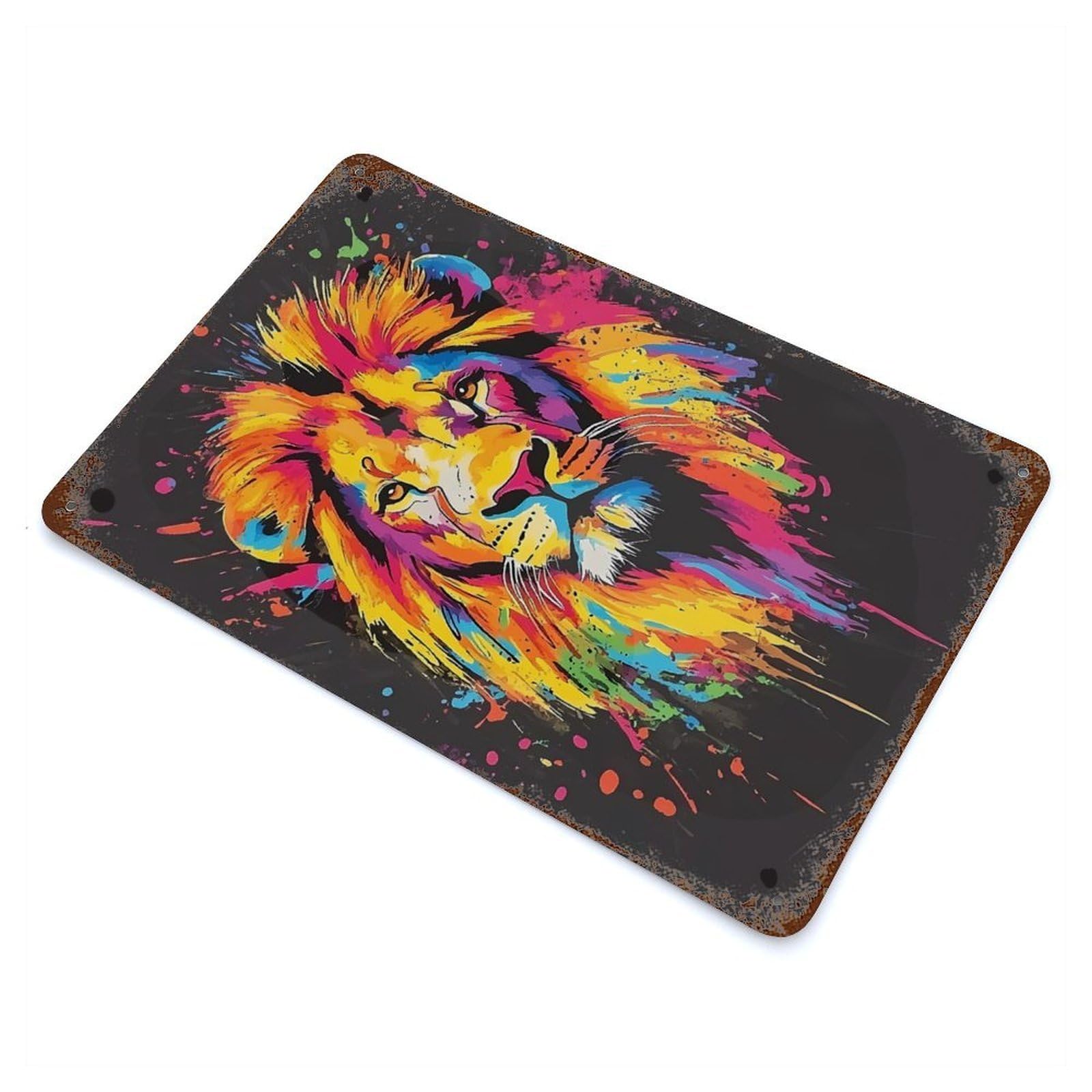 Garage Style Colorful Lion Portrait Vintage Rust Metal Sign 11.8"x7.9", Retro Wall Decor for Bar And Workshop