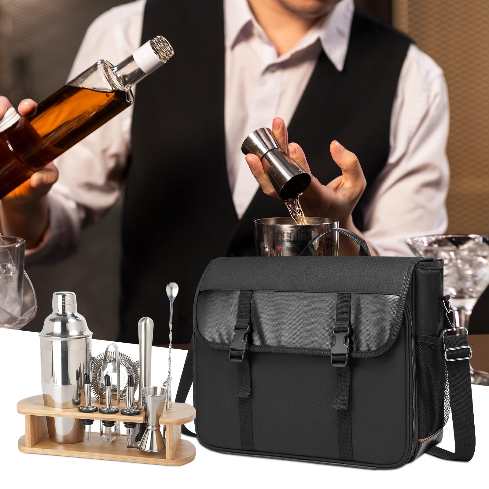 Sac de bartender pour shaker à cocktail, sac messenger avec compartiments rembourrés pour le kit de barman de voyage, sac à outils portable, parfait pour agitateurs à cocktail et shakers de