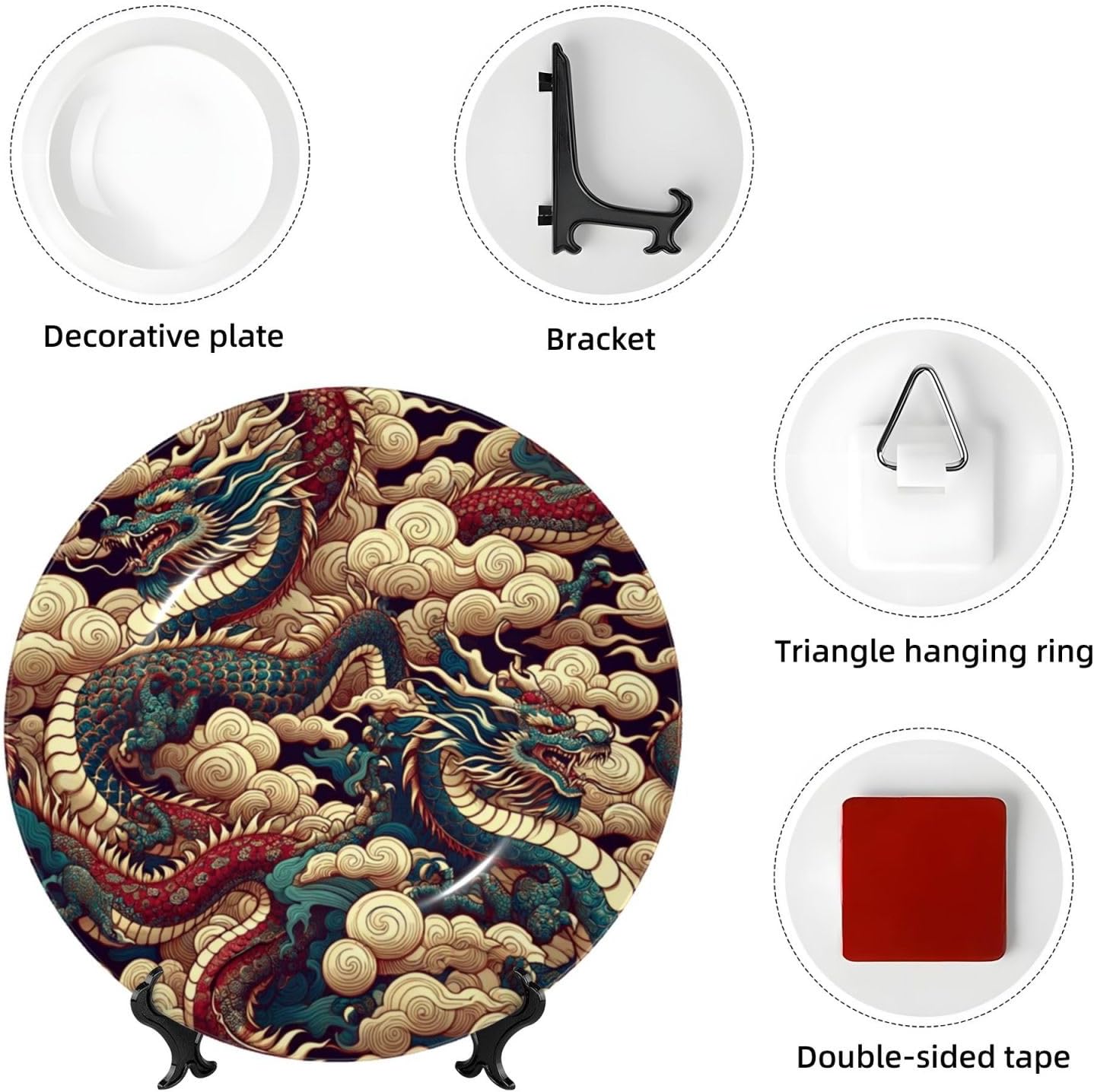 Cloud-Dragon-China-Japanese 10 Inch Decorative Plate With Stand, Elegant Display Wall Plate For Home Decor