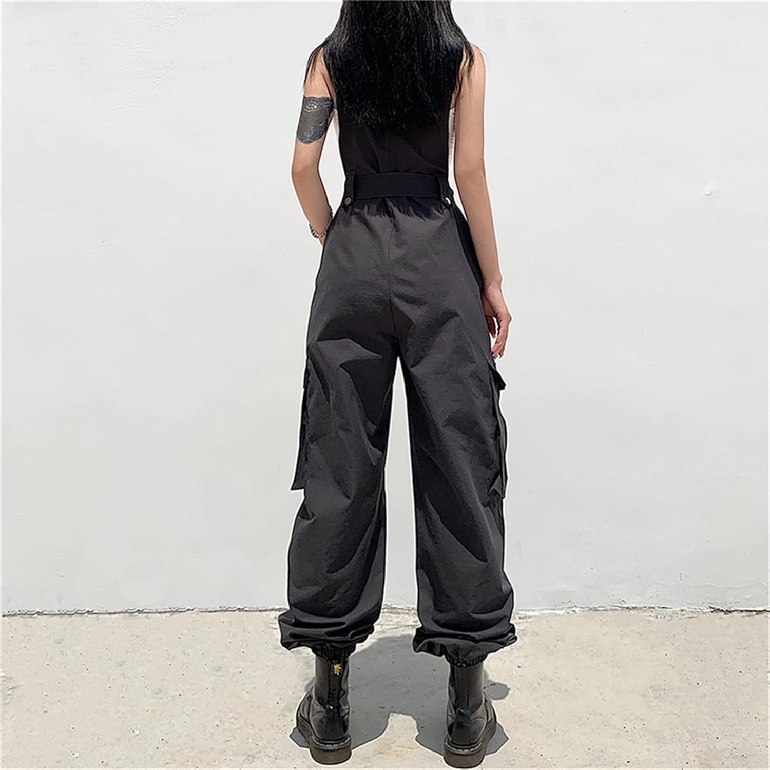 ENFUSO Gothic Black Overalls Womens Cargo Pants Sling Bow Belt Dungarees Wide Leg Pants Casual (With waistband)