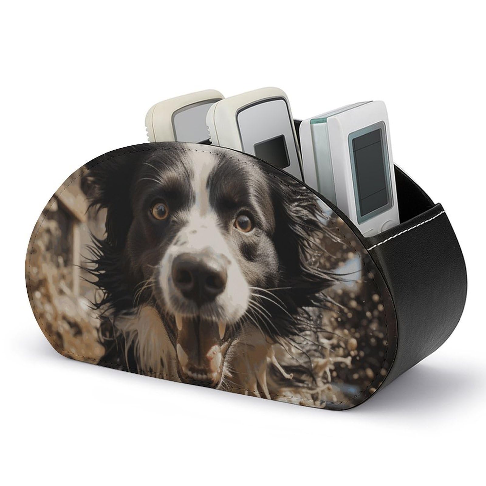DWVTSLH Pastor Border Collie Remote Control Holder with 5 Compartments - PU Leather TV Remote Holder Remote Caddy Desktop Organizer Makeup Brush Holder, Remote Storage Box for Home Office