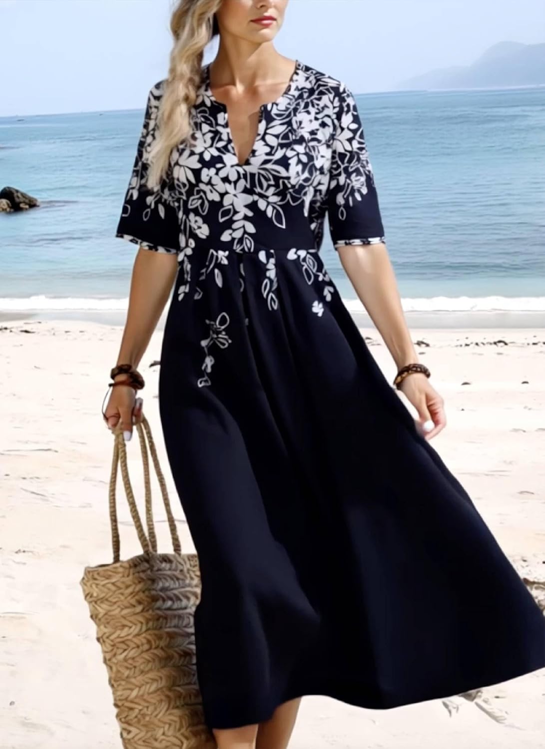 Women Summer Dresses Blue Striped 3/4 Sleeve Midi Dress with Side Pockets Casual Pleated Round Neck Dress - Image 3