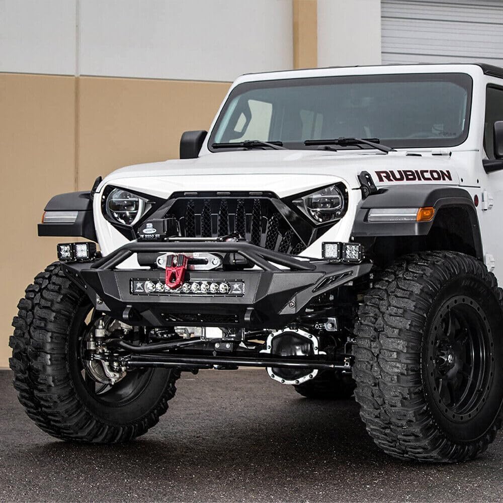 EOMD Front Grill Goliath Grille compatible with 2018-2025 Jeep Wrangler JL & 2020-2025 Gladiator JT, w/Amber LED Lights, ABS (White Black)