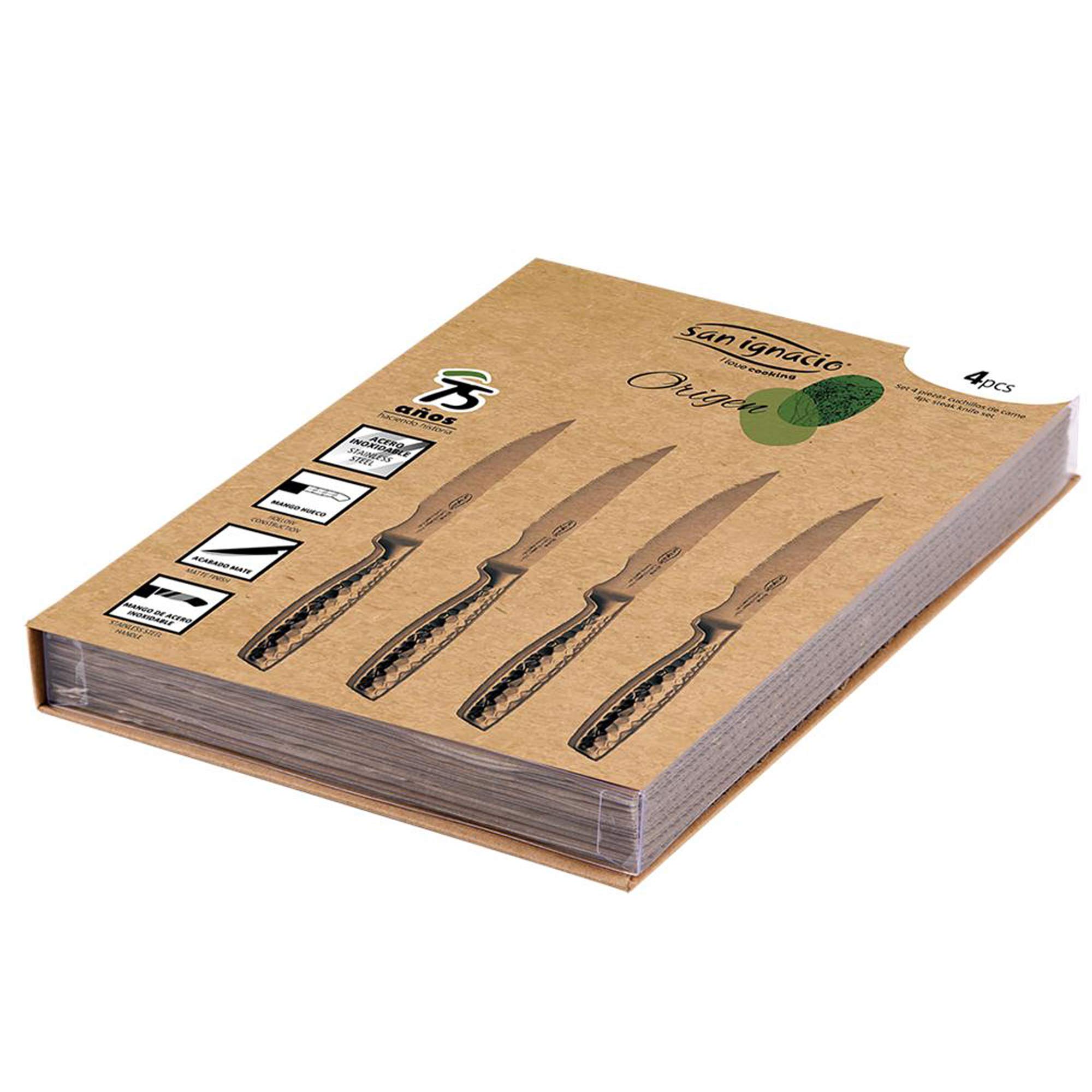 SAN IGNACIO Origen | Zestaw 4 noży do steków | Wykonane ze stali nierdzewnej, długość 12,5 cm, satynowe wykończenie, zestaw noży | Lekki i ergonomiczny uchwyt
