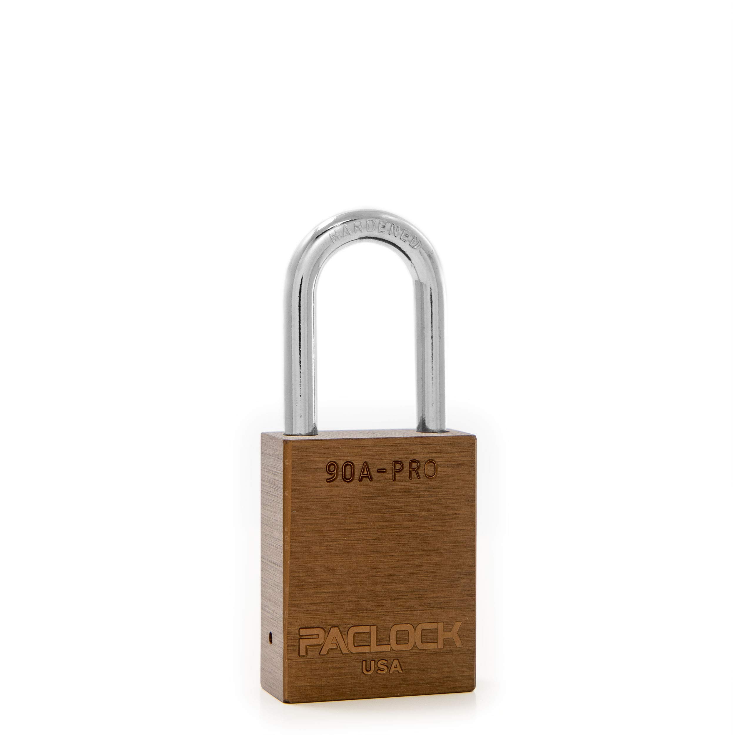 PACLOCK's 90A-PRO Padlock, 1/4" Diameter Hard. Steel Shackle, 1-1/2" Tall, High Performance 7-Pin Cylinder w/ 1 Key, Keyed Alike, Brown