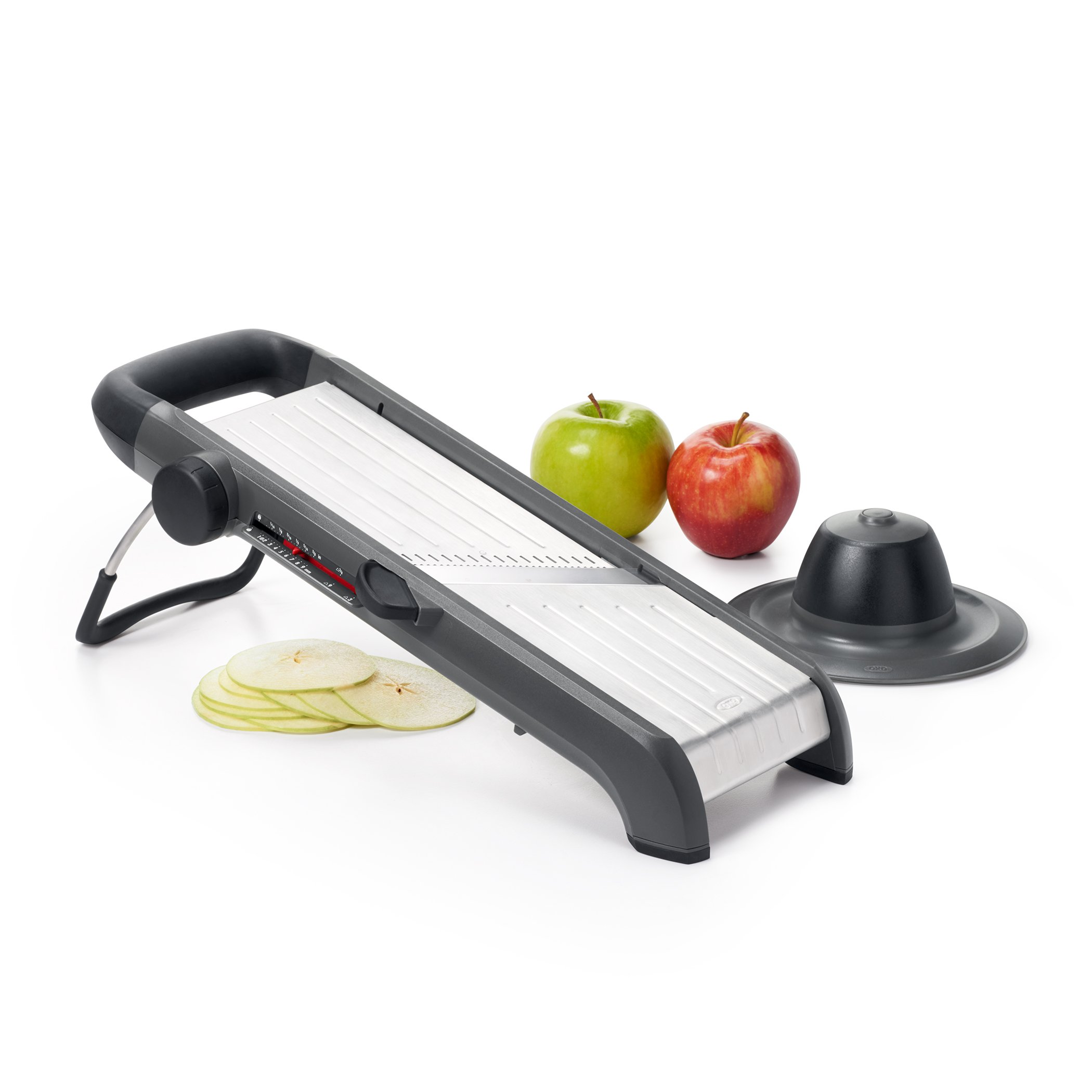 OXO Good Grips Profi Obst- und Gemüsehobel 2.0 mit Klingen aus japanischem Edelstahl, grau & Good Grips Pendelschäler/Sparschäler mit Zubehör, Schwarz