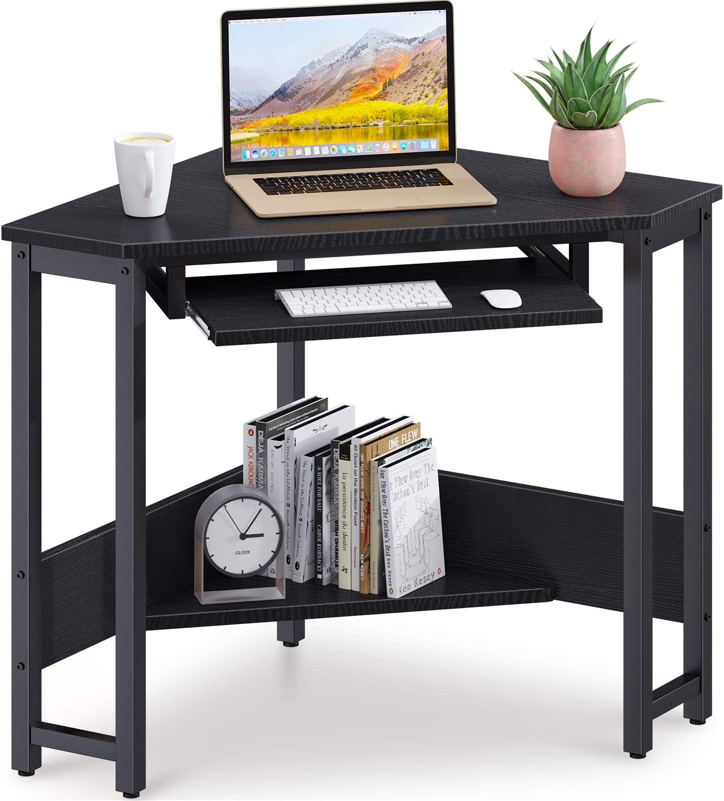 ODK Corner Desk, Triangle Computer Desk, Sturdy Steel Frame for Workstation with Smooth Keyboard Tray & Storage Shelves, Black
