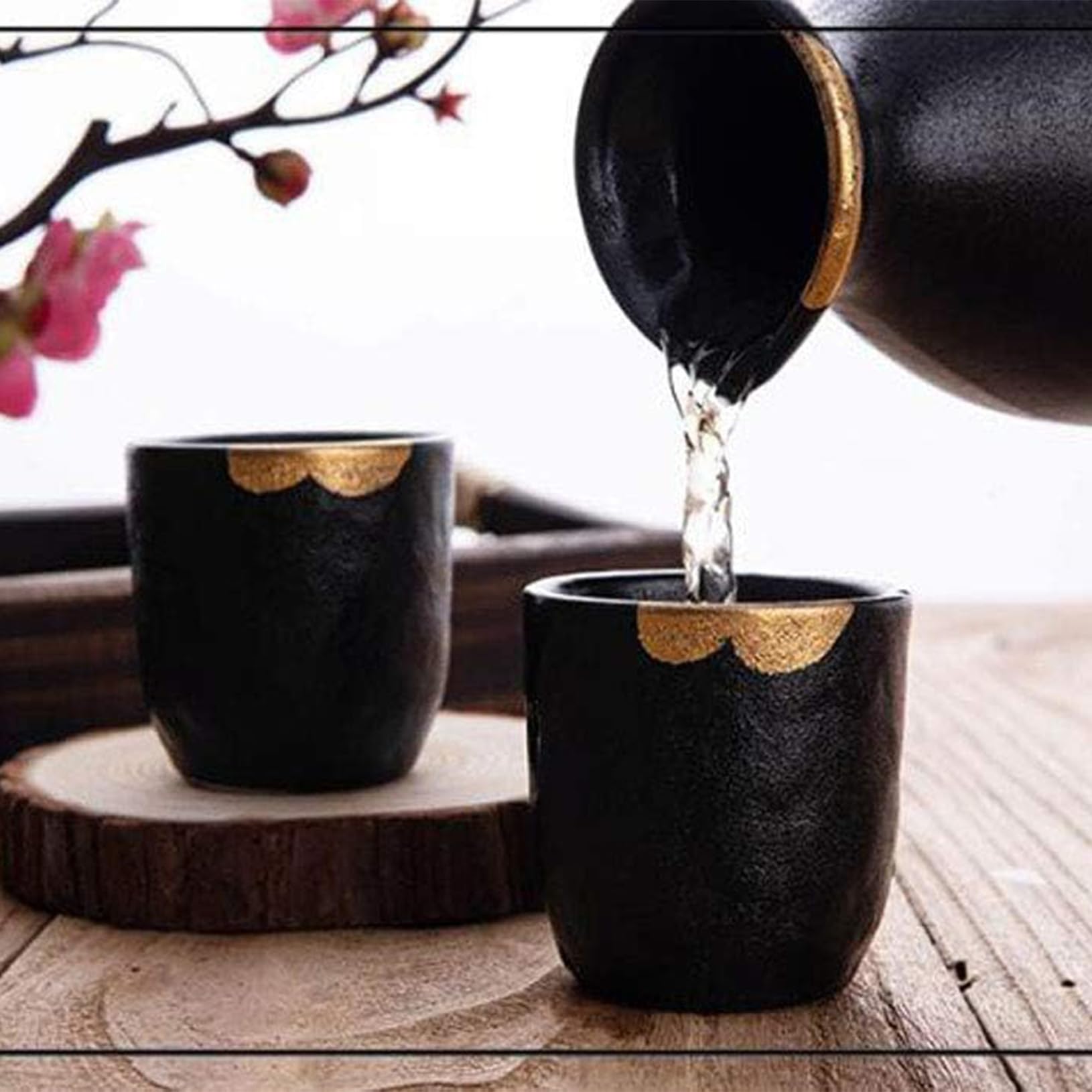 Set di 5 tazze da sakè giapponesi, dipinte a mano, in ceramica, per degustazione di vini casalinghi, colore nero
