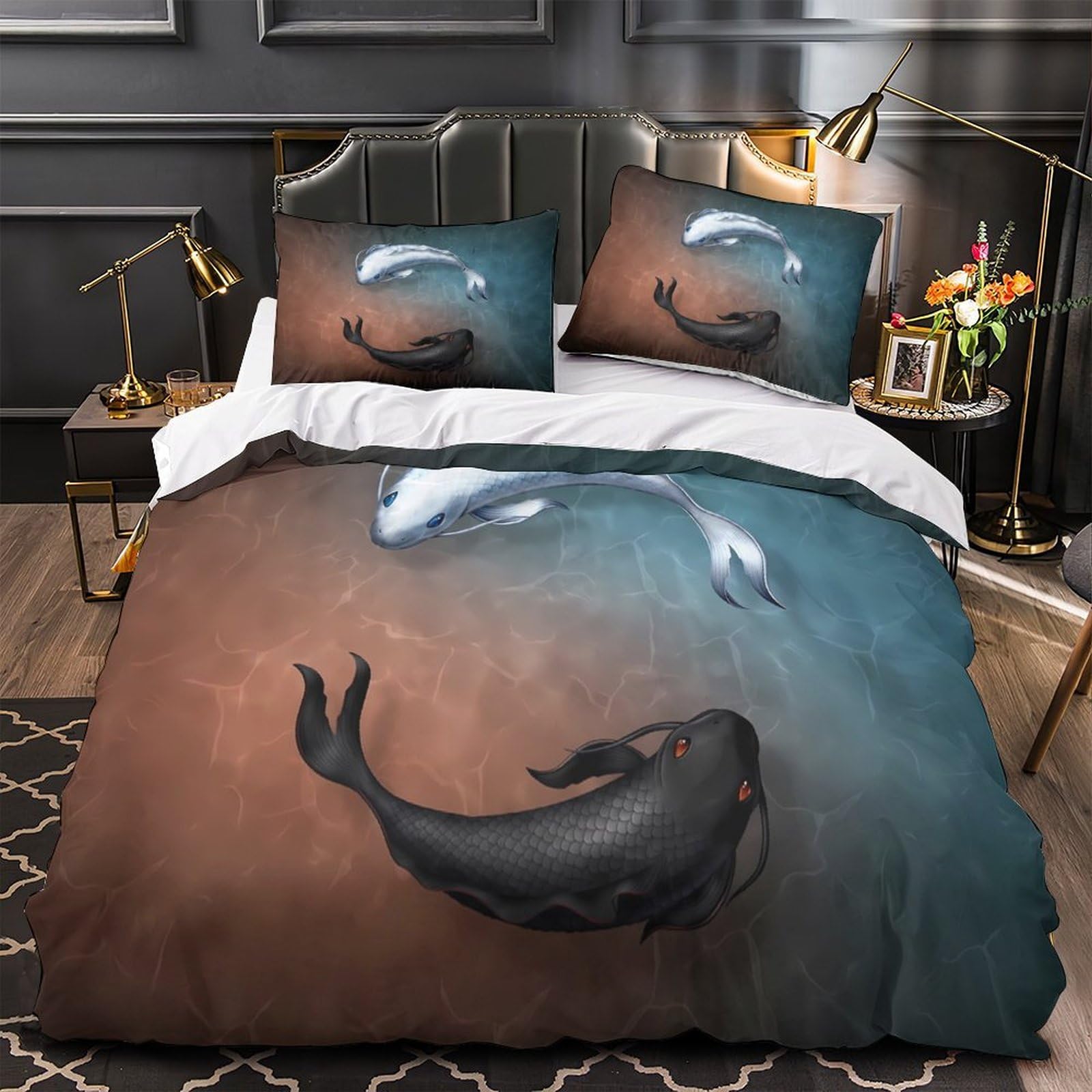 Lit enfant sans plis avec la housse de couette poisson Yin-Yang microfibre